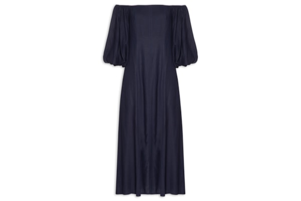 Vestido Balonê Em Linho Misto - Azul