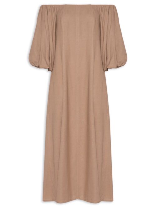 Vestido Balonê Em Linho Misto - Bege