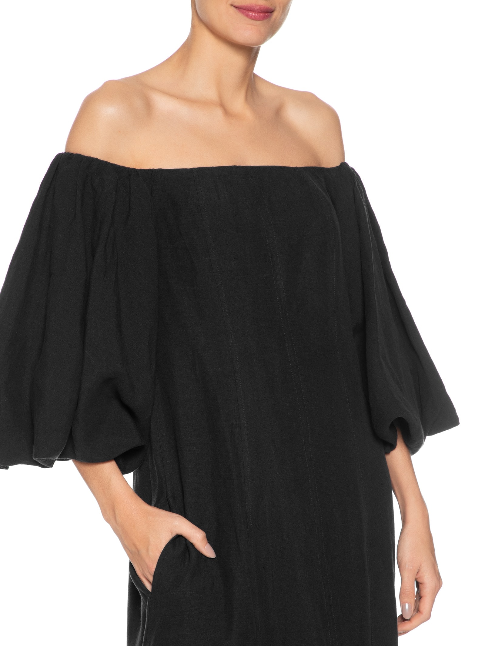 Vestido Balonê Em Linho Puro Preto '2Essential