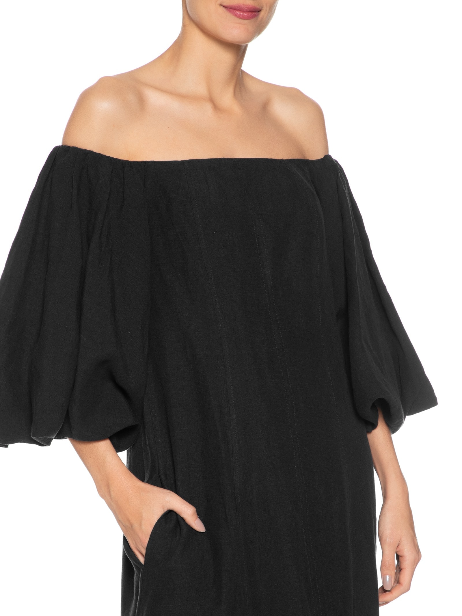 Vestido Balonê Em Linho Puro Preto '2Essential