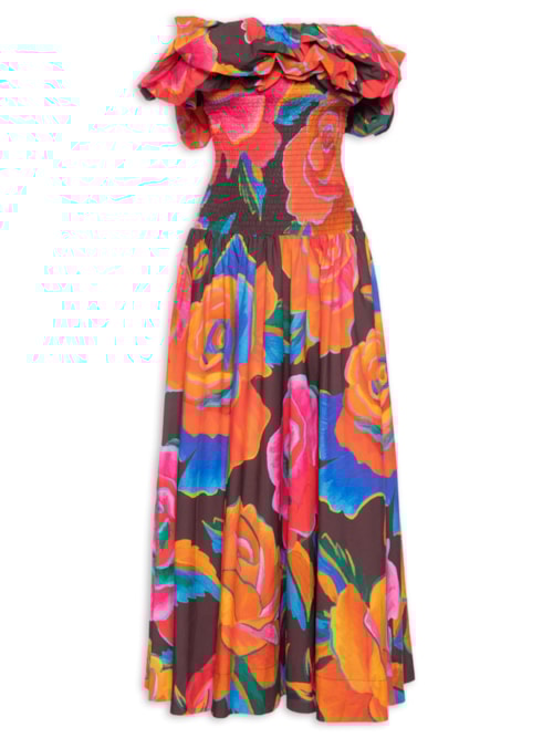 Vestido Balonê Rosas Pintadas – Marrom