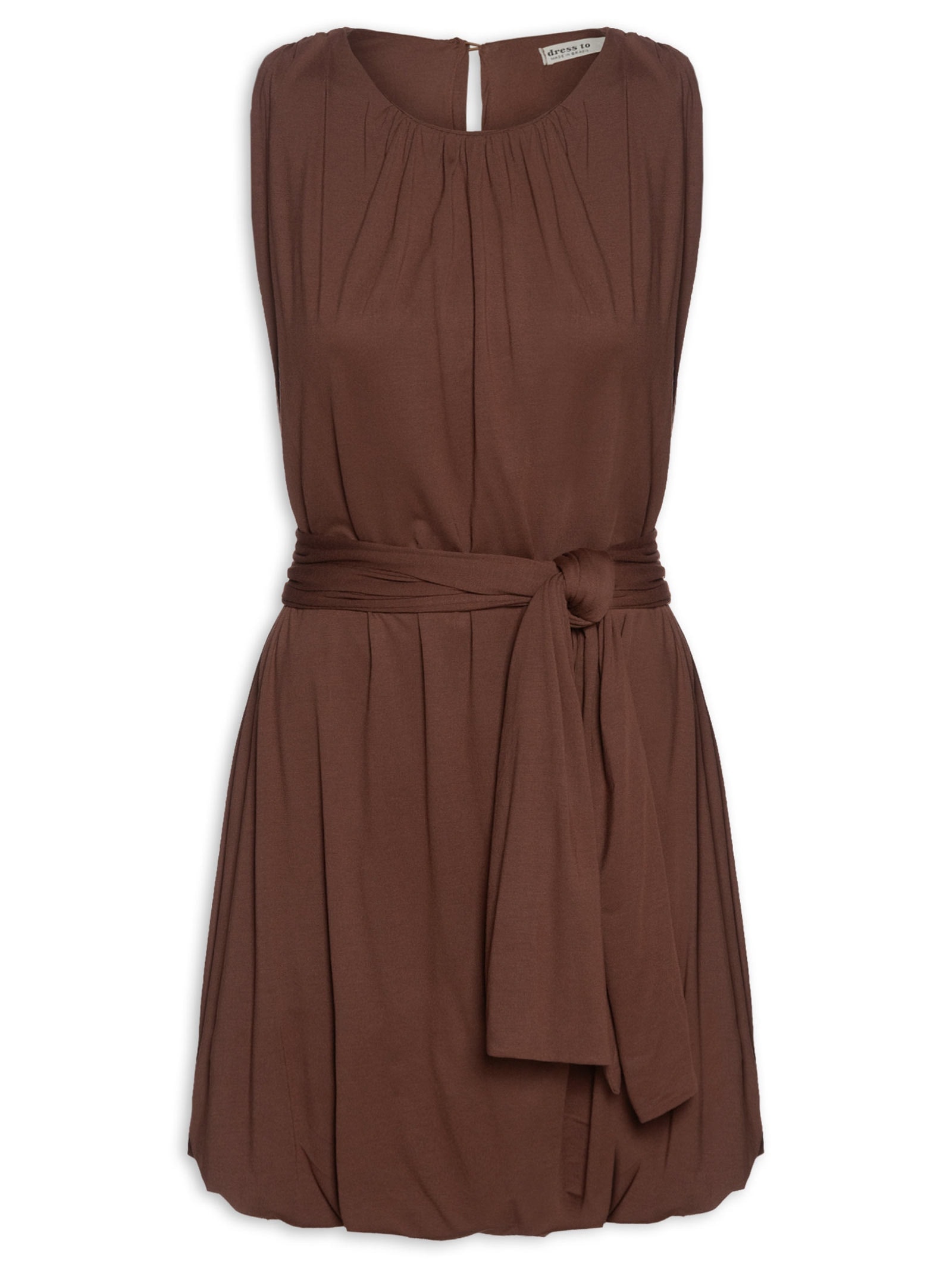 Vestido Básico Balonê Com Faixa Marrom Dress To