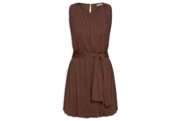 Vestido Básico Balonê Com Faixa - Marrom