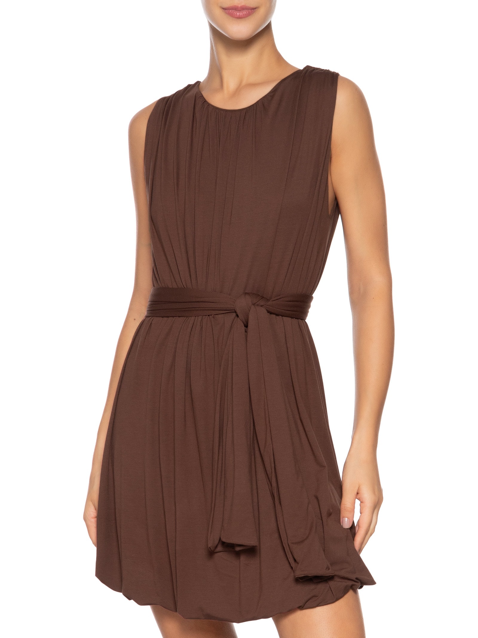 Vestido Básico Balonê Com Faixa Marrom Dress To