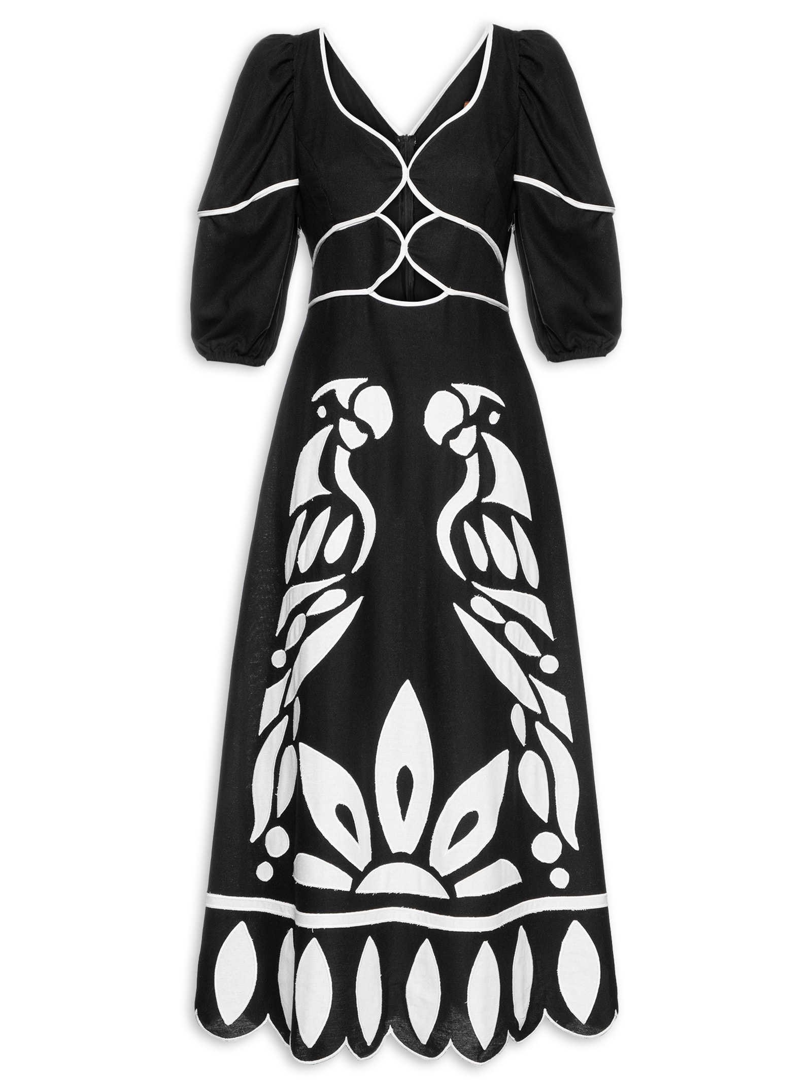 Farm - Vestido Bordado Cutwork Samambaia - Preto