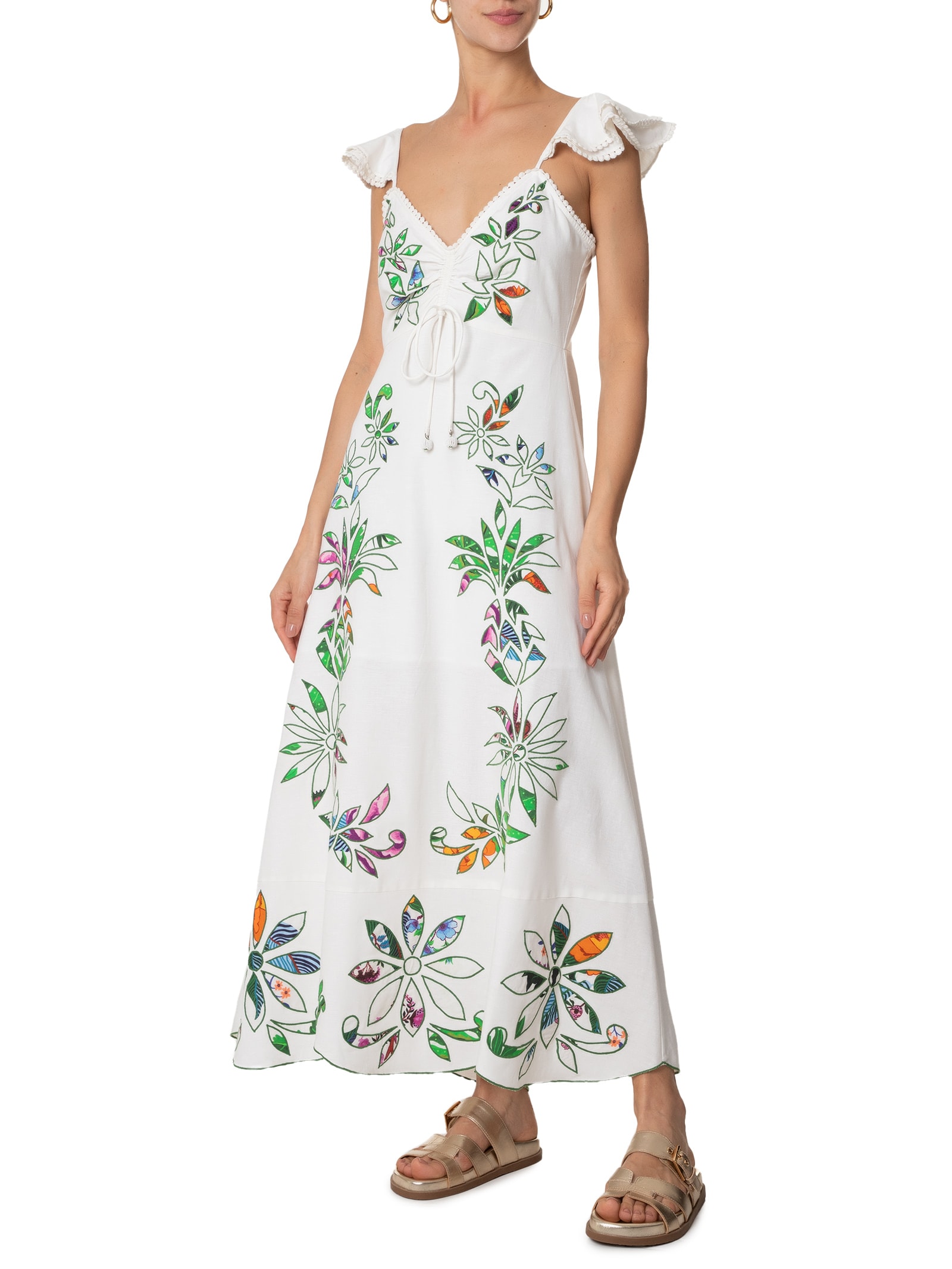 Vestido Bordado Floral Folk Off White Farm