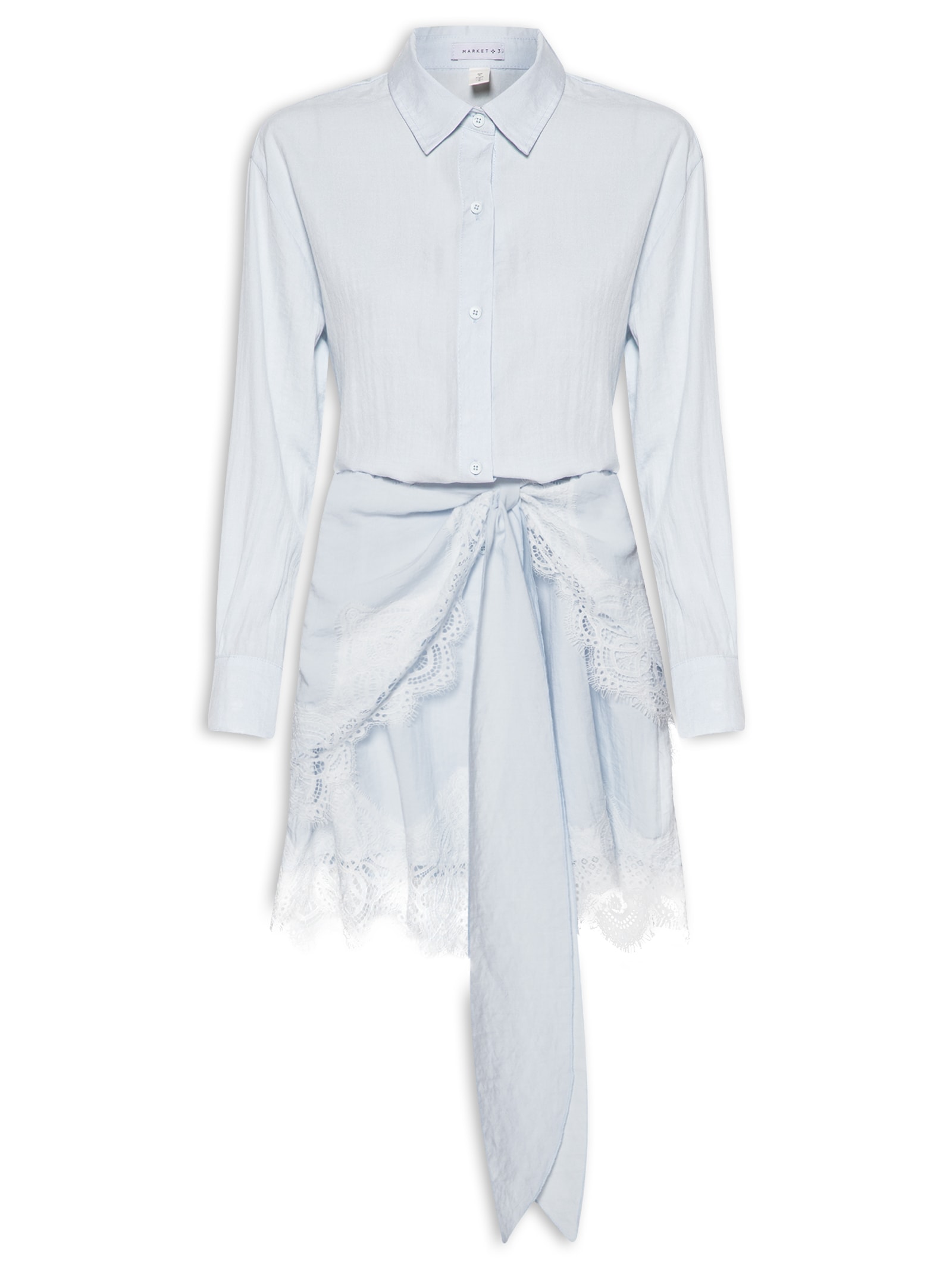 Vestido Camisa Com Renda E Faixa Removível Azul Market 33