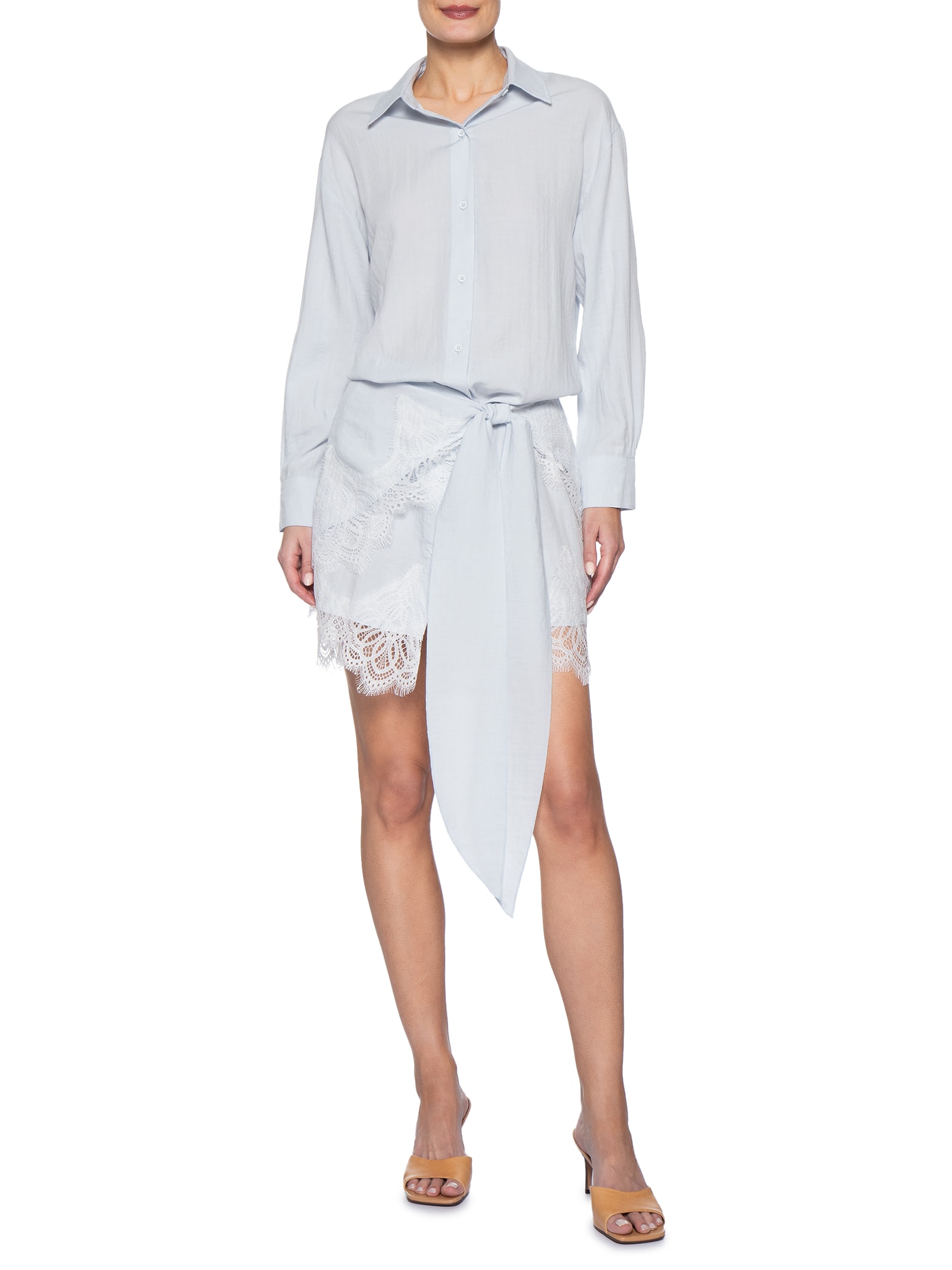 Vestido Camisa Com Renda E Faixa Removível Azul Market 33