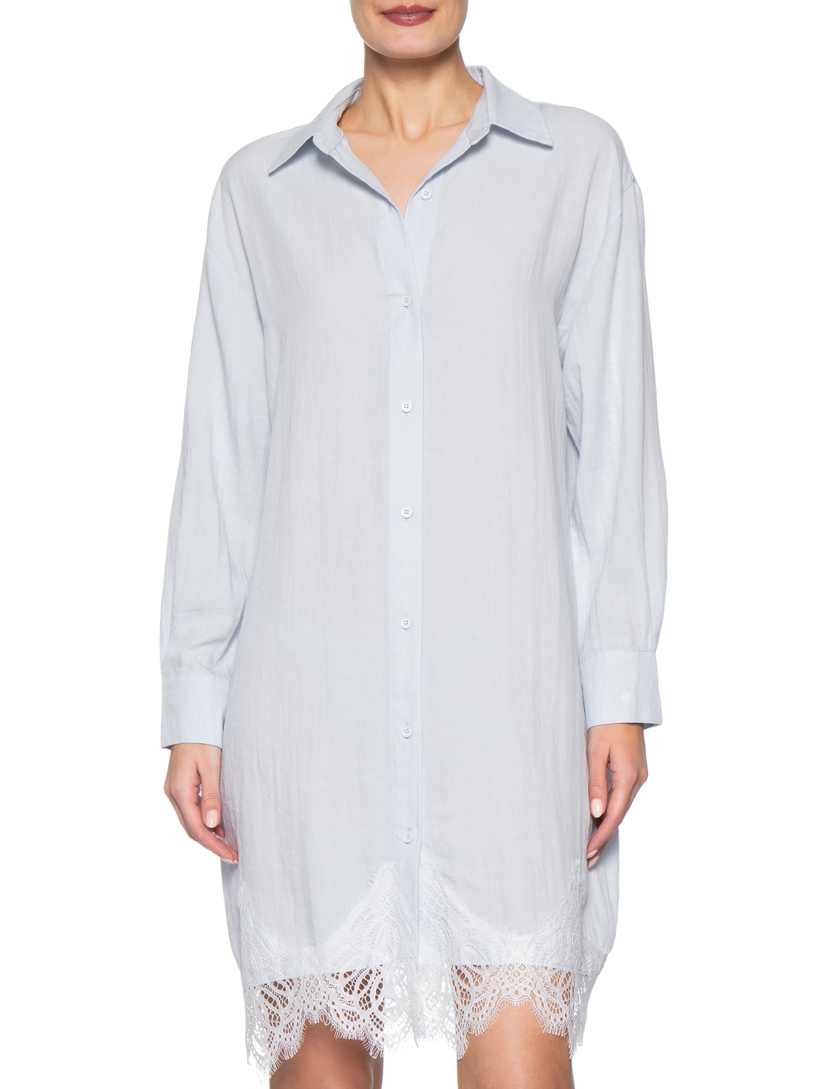 Vestido Camisa Com Renda E Faixa Removível Azul Market 33