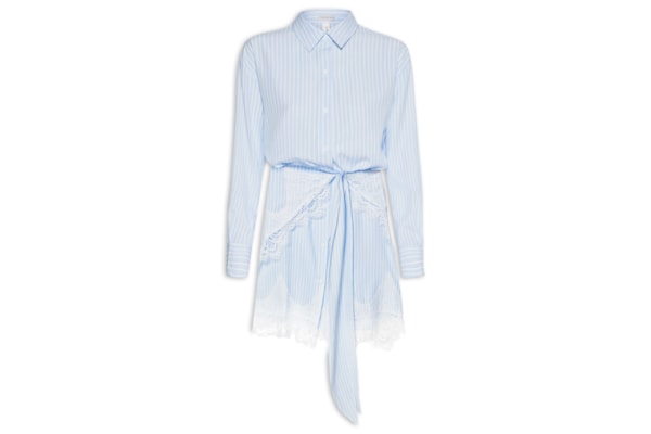 Vestido Camisa Com Renda E Faixa Removível - Azul