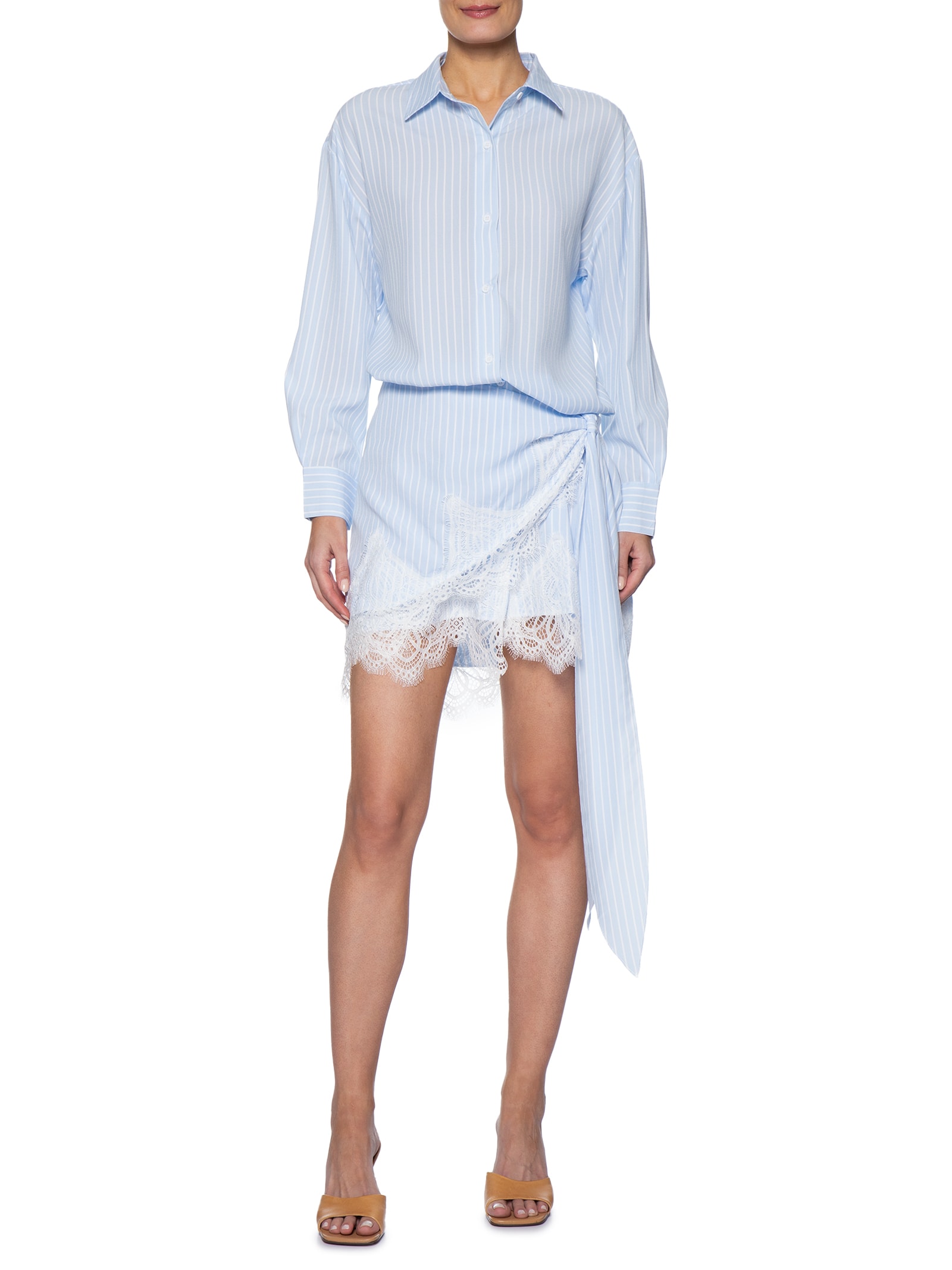 Vestido Camisa Com Renda E Faixa Removível Azul Market 33
