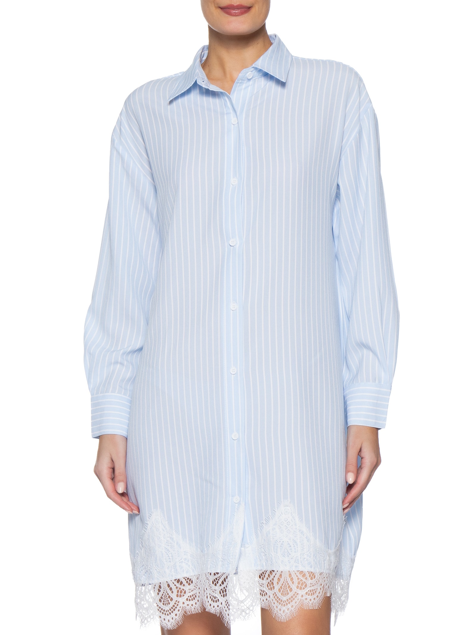 Vestido Camisa Com Renda E Faixa Removível Azul Market 33