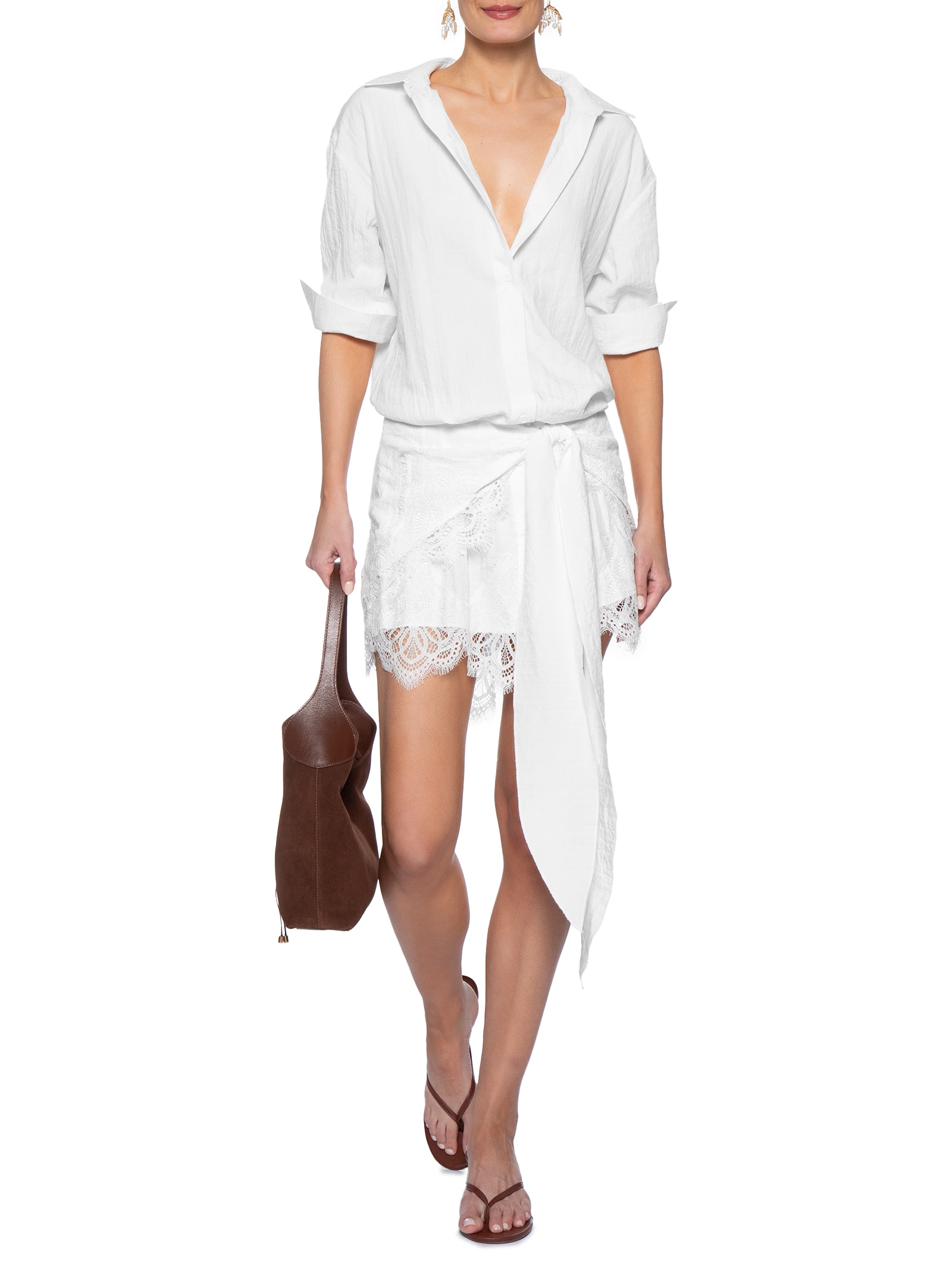 Vestido Camisa Com Renda E Faixa Removível Branco Market 33