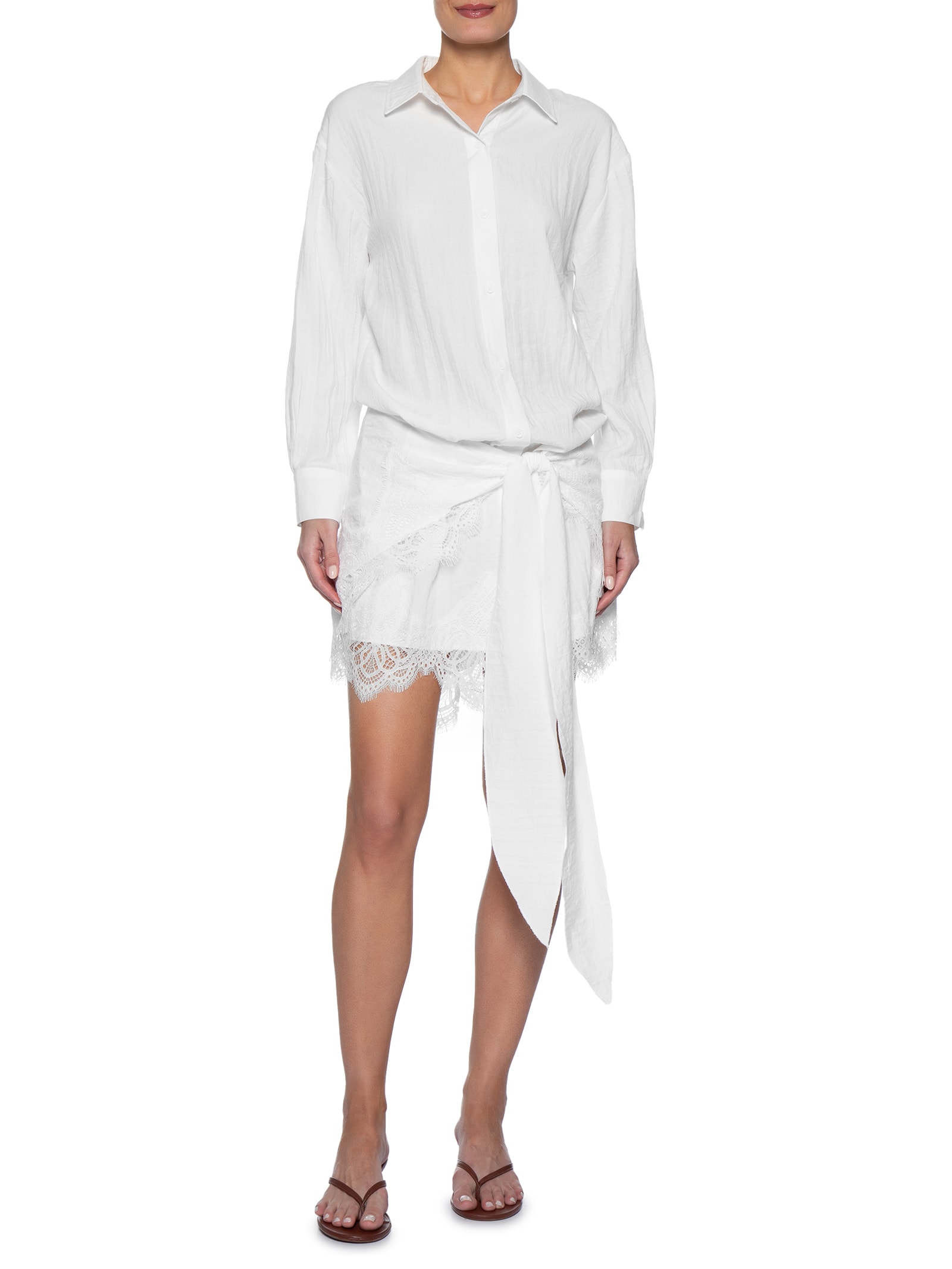 Vestido Camisa Com Renda E Faixa Removível Branco Market 33