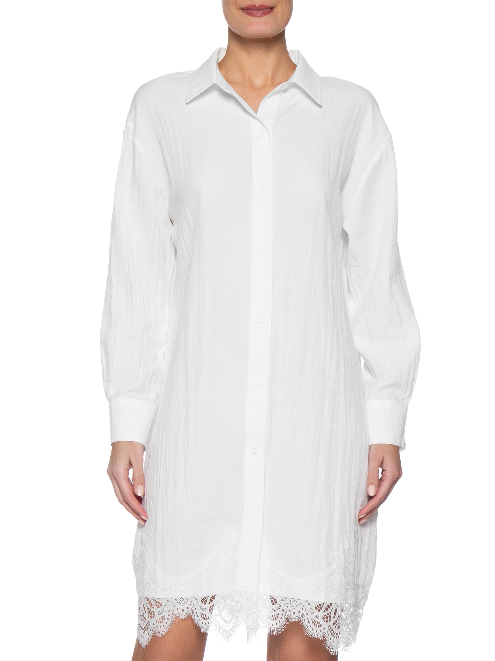 Vestido Camisa Com Renda E Faixa Removível Branco Market 33