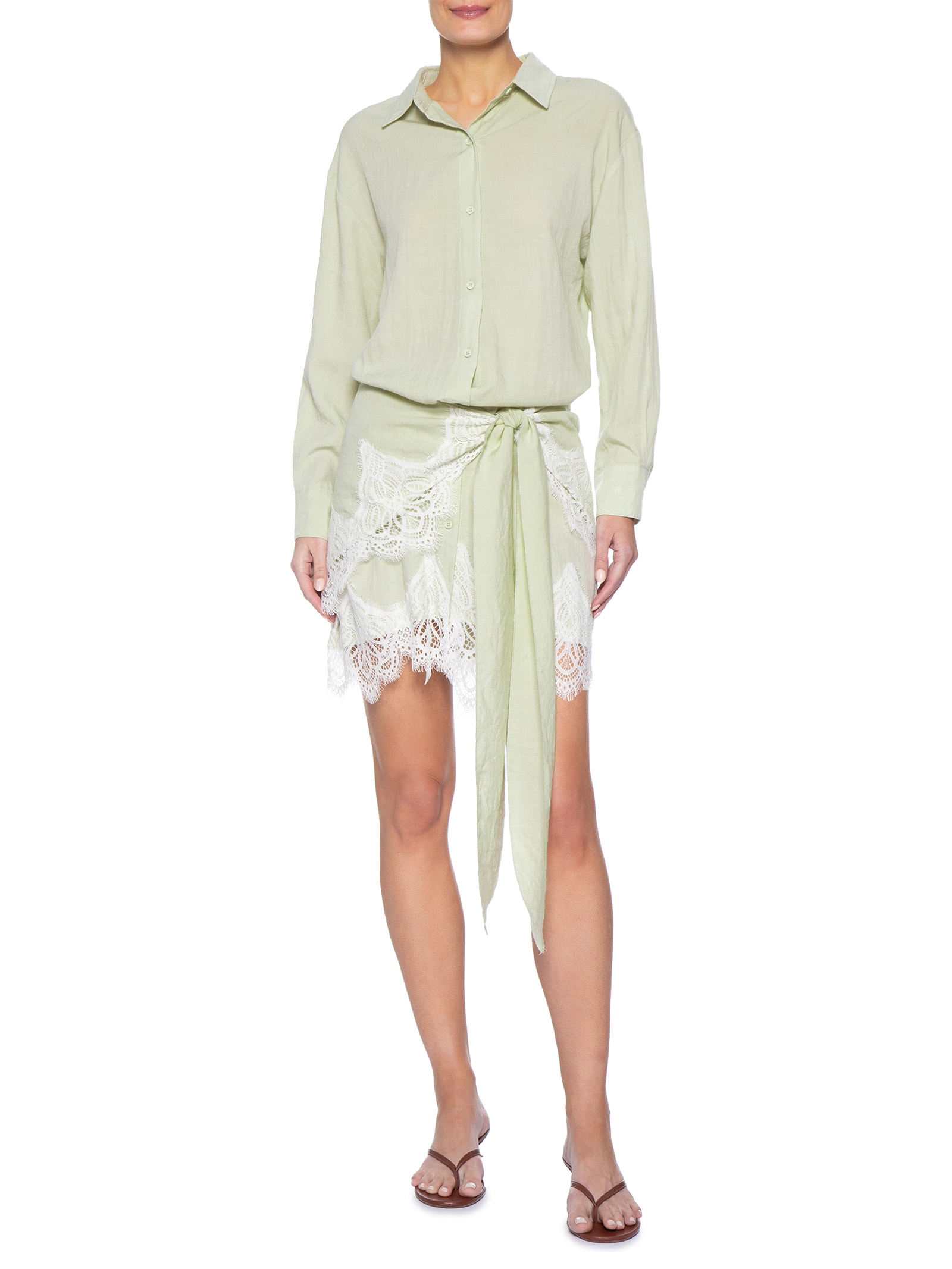 Vestido Camisa Com Renda E Faixa Removível Verde Market 33