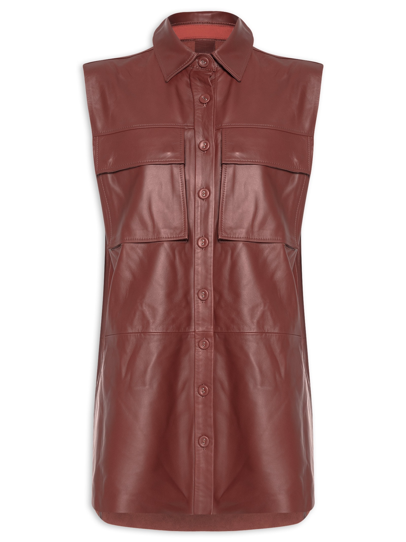 Vestido Camisa De Couro Bolso Frontal Marrom Animale