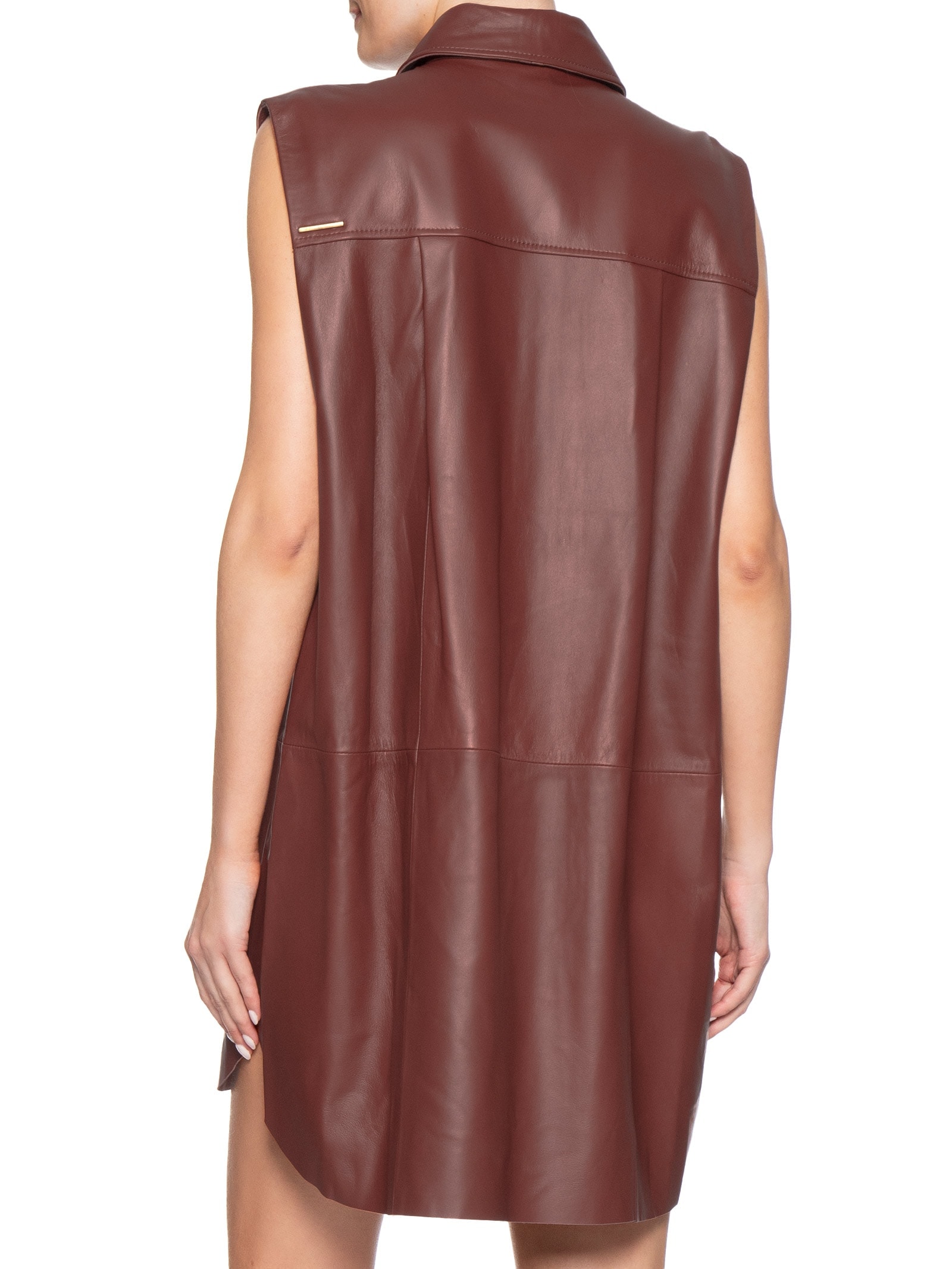 Vestido Camisa De Couro Bolso Frontal Marrom Animale
