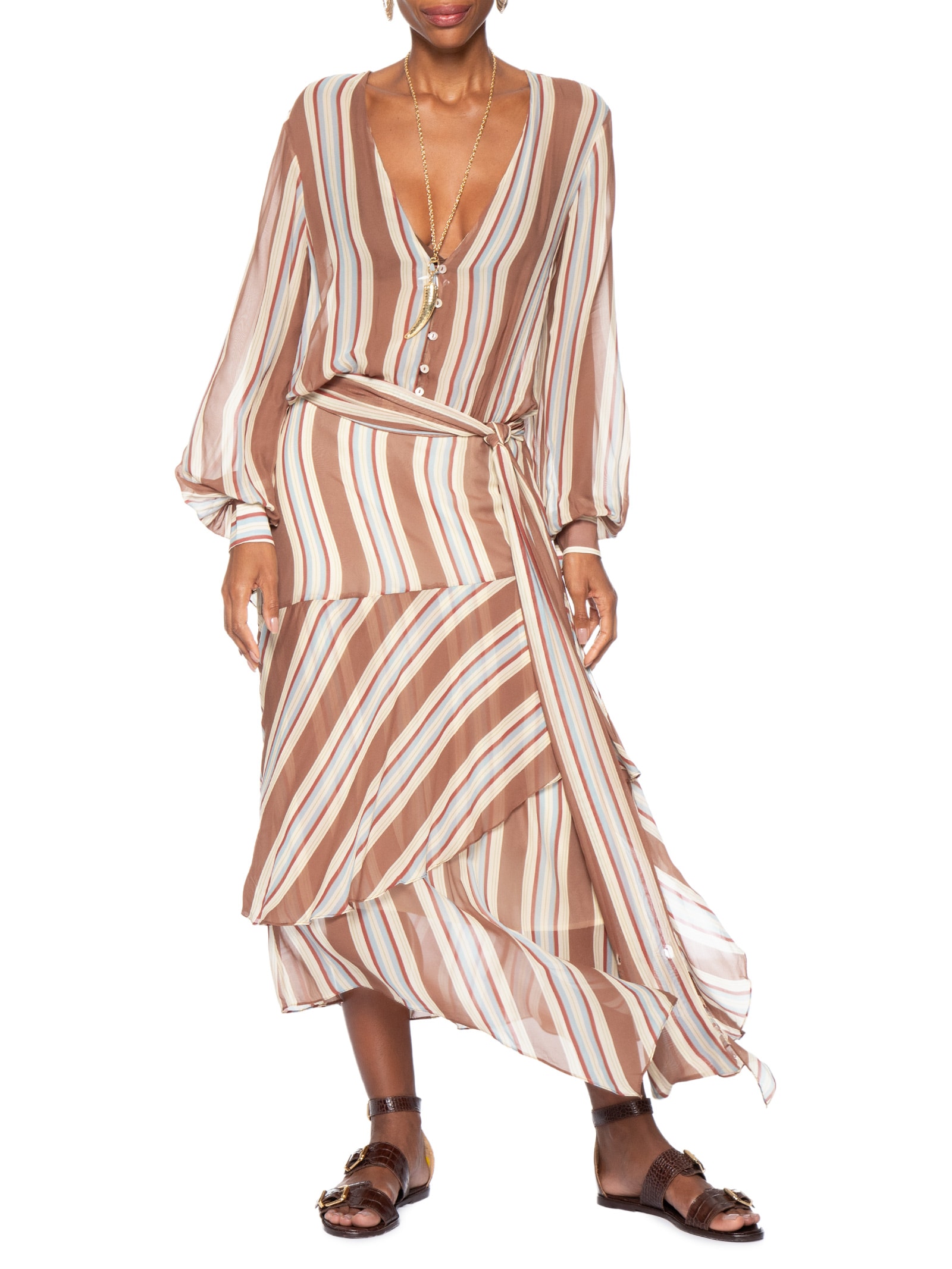 Vestido Camisaria Camadas Listra Bruma– Marrom Animale
