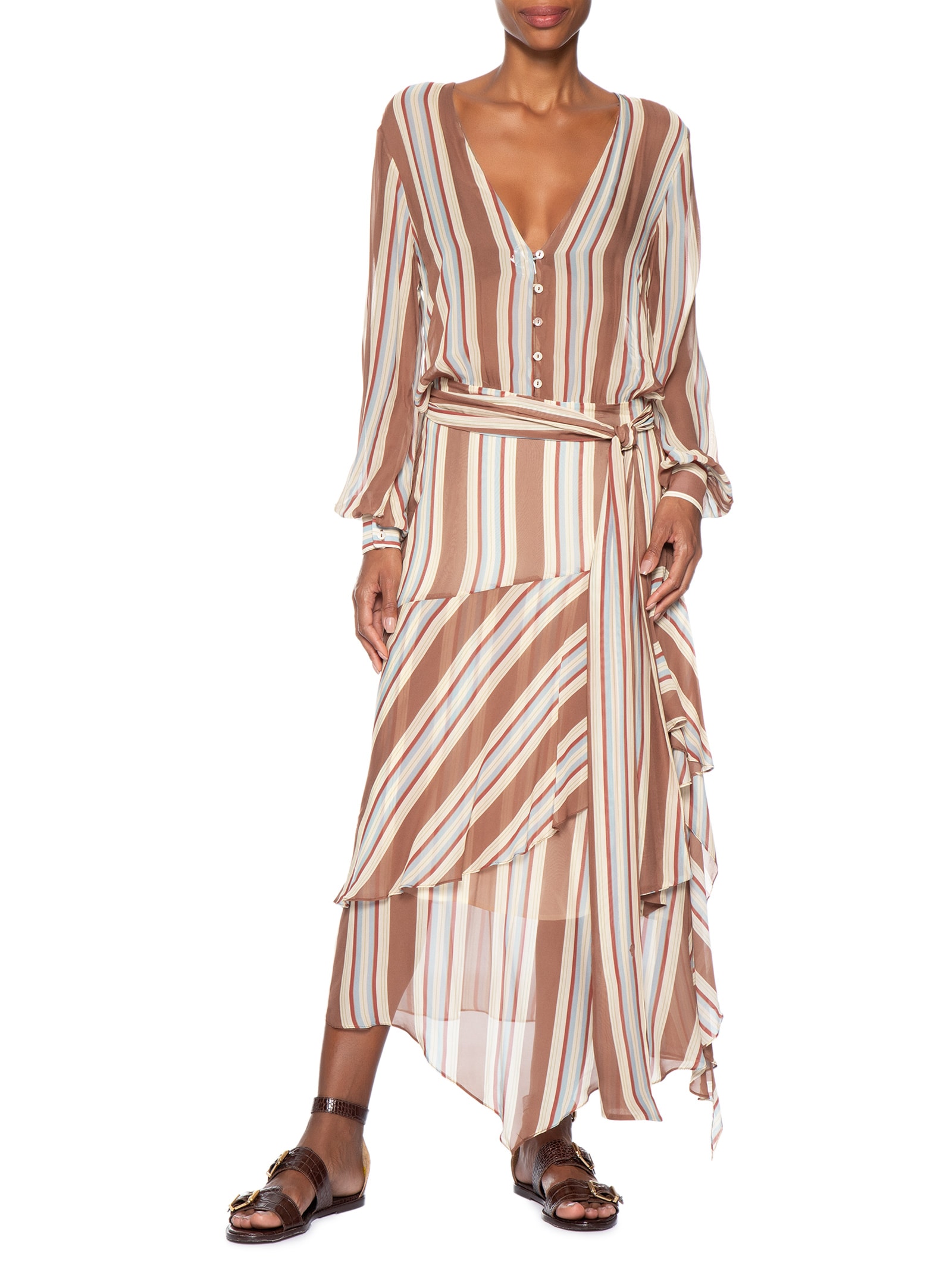 Vestido Camisaria Camadas Listra Bruma– Marrom Animale