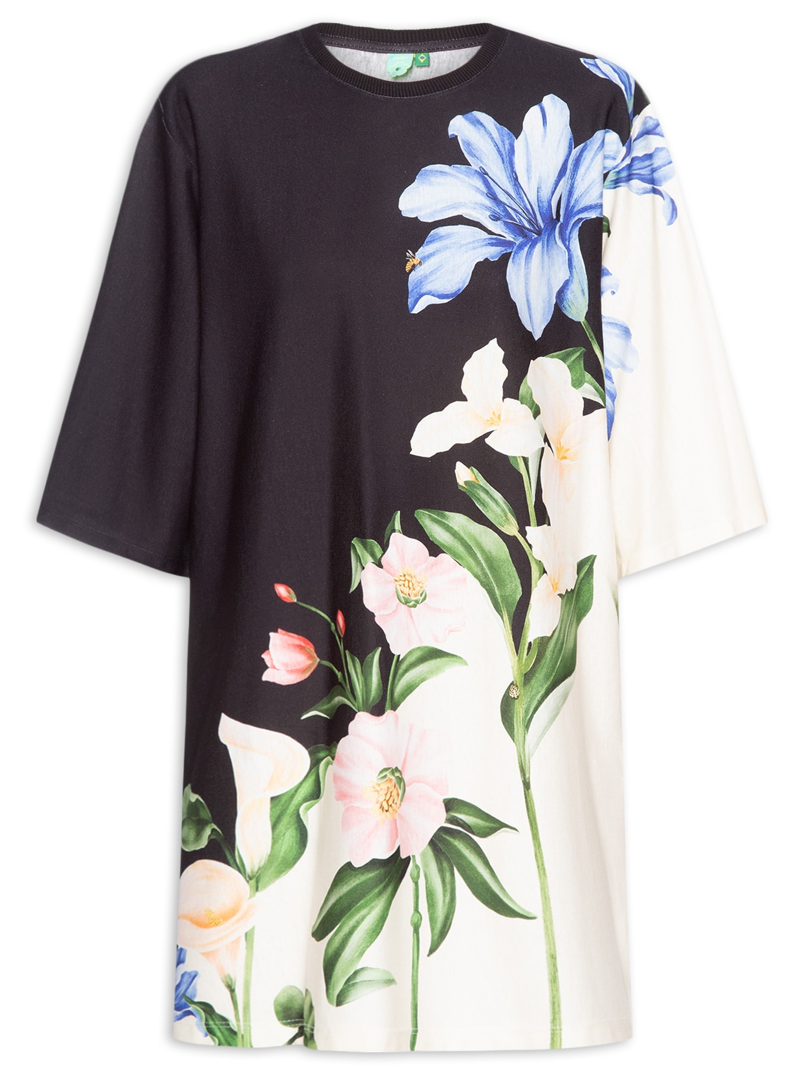 Vestido Camiseta Big Céu De Flor Preto Farm