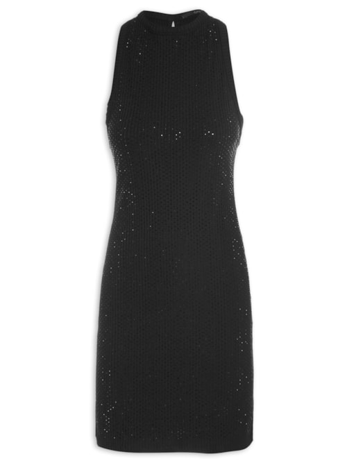 Vestido Canelado Com Aplicação - Preto