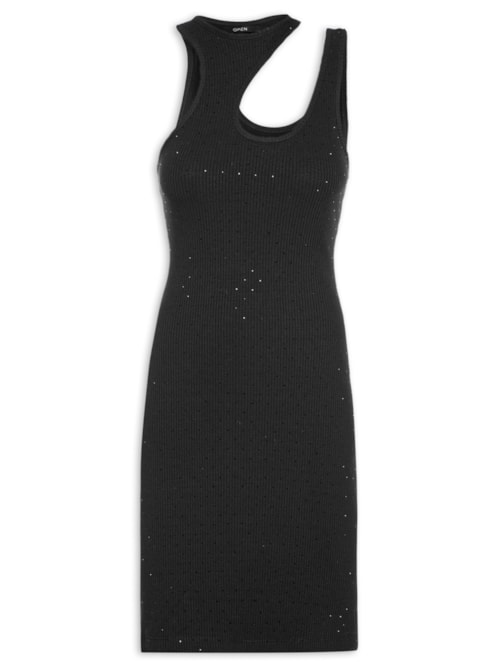 Vestido Canelado Com Aplicação - Preto