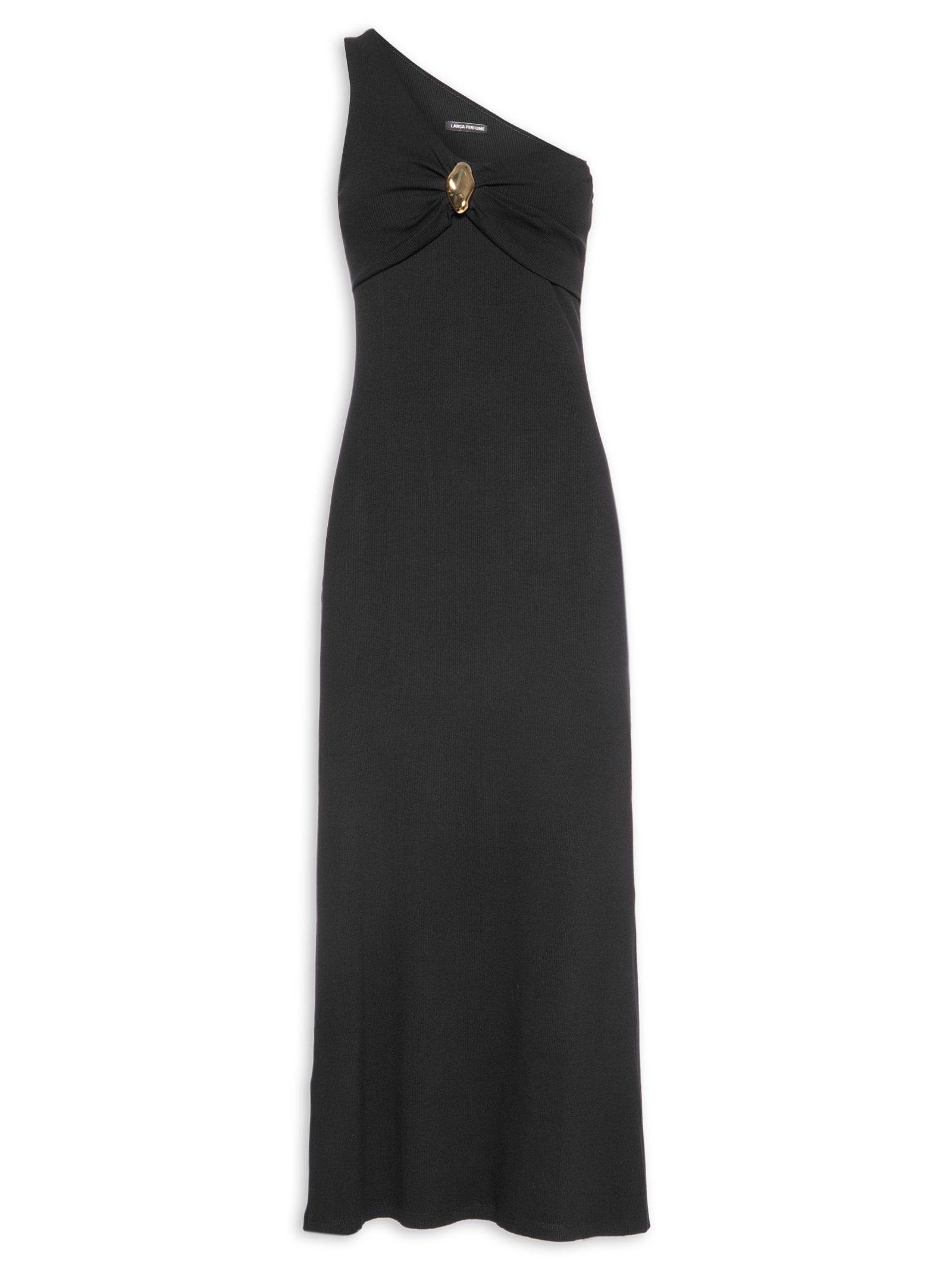 Vestido Canelado com Metal – Preto Lança Perfume