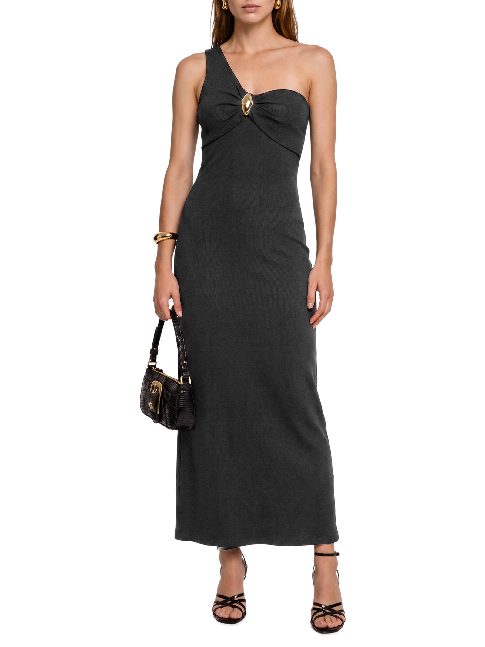 Vestido Canelado com Metal – Preto Lança Perfume