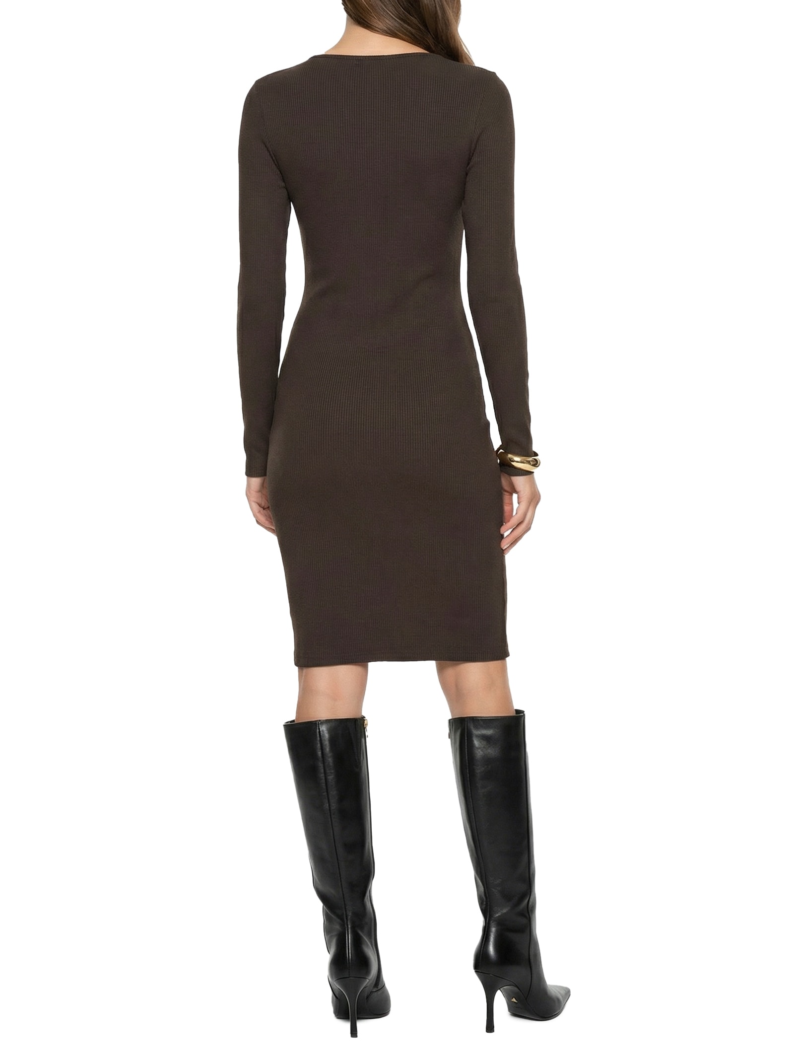 Vestido Canelado Curto Manga Longa Marrom Lança Perfume