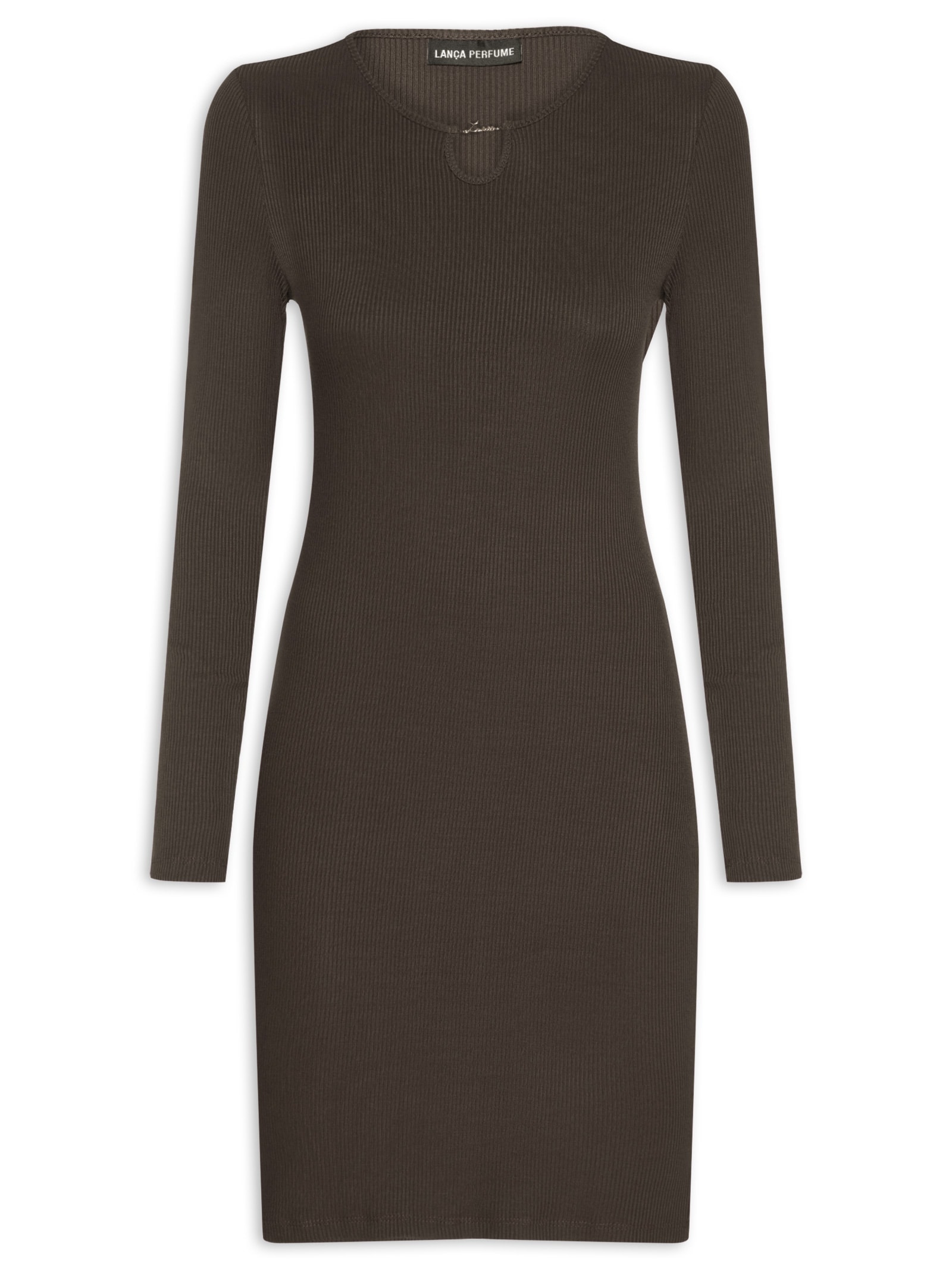 Vestido Canelado Curto Manga Longa Marrom Lança Perfume
