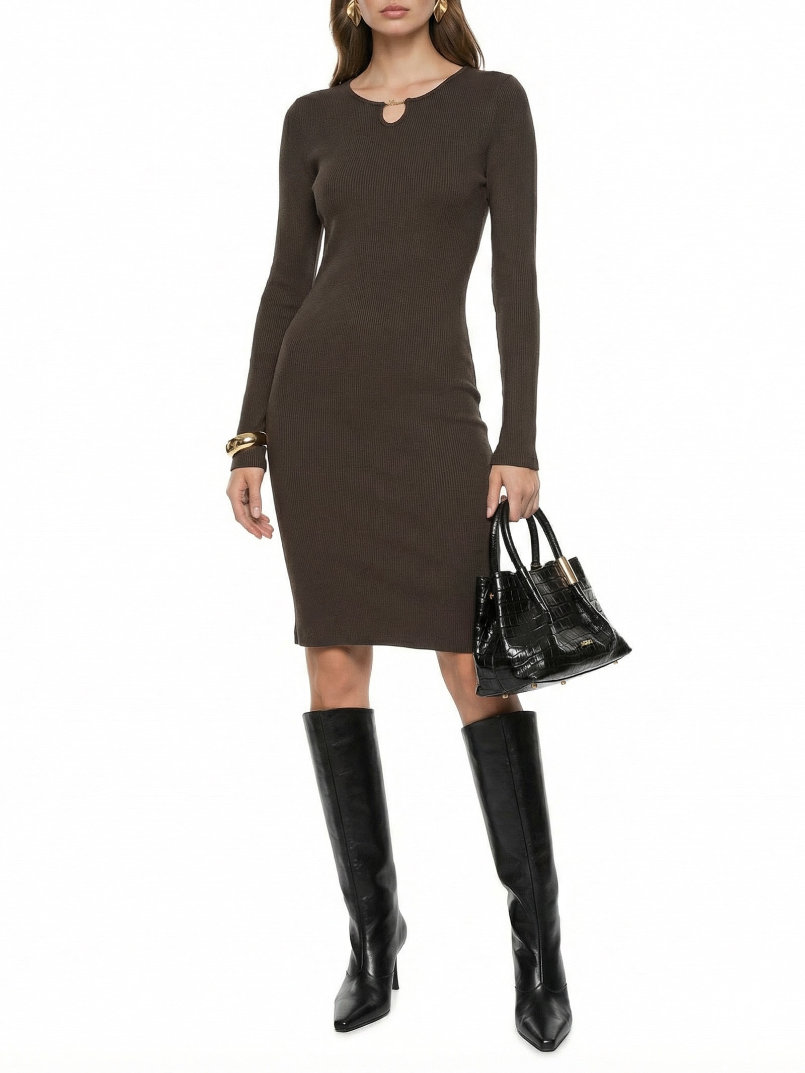 Vestido Canelado Curto Manga Longa Marrom Lança Perfume