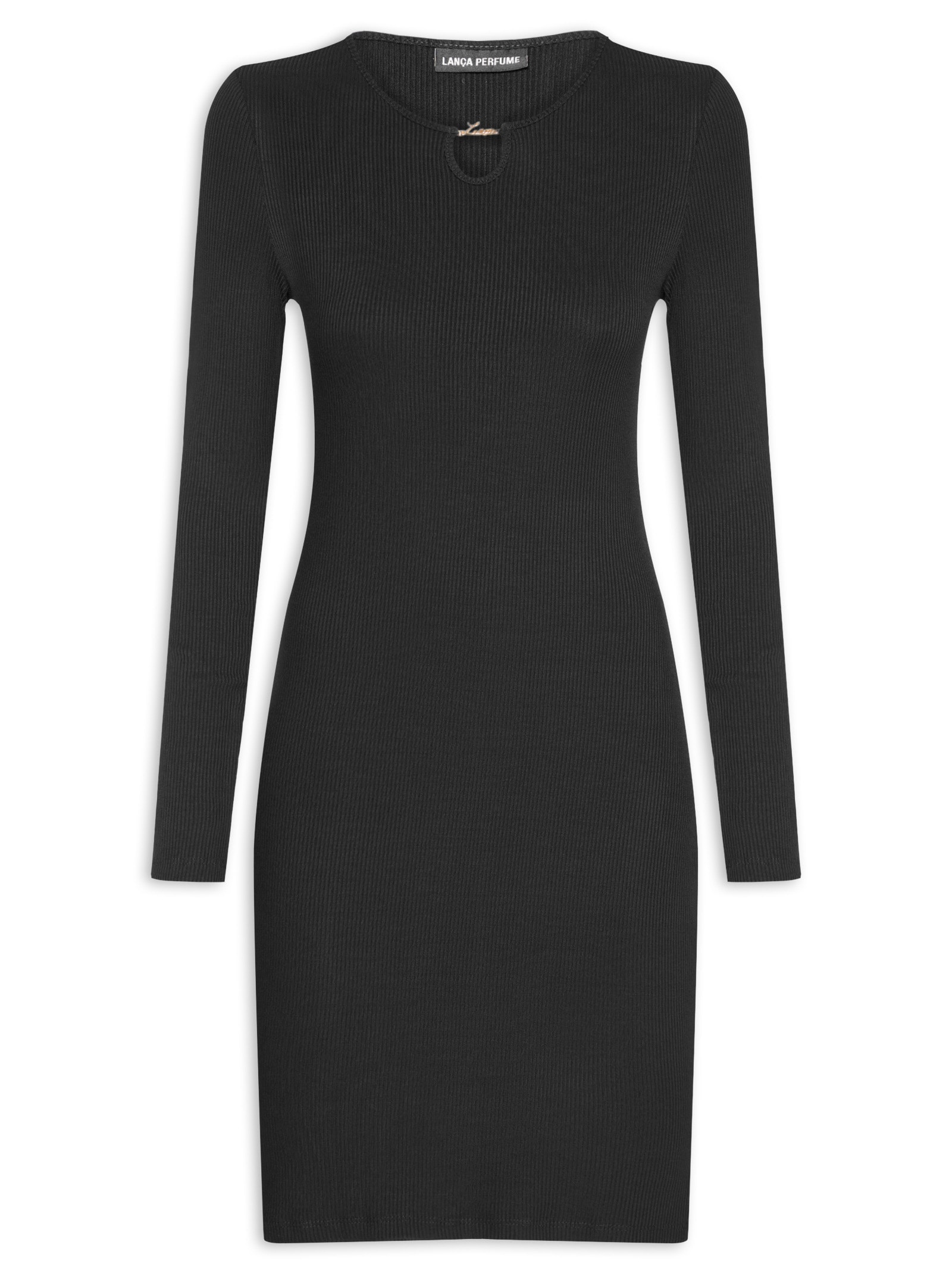 Vestido Canelado Curto Manga Longa Preto Lança Perfume