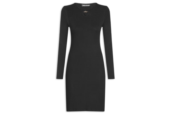 Vestido Canelado Curto Manga Longa - Preto