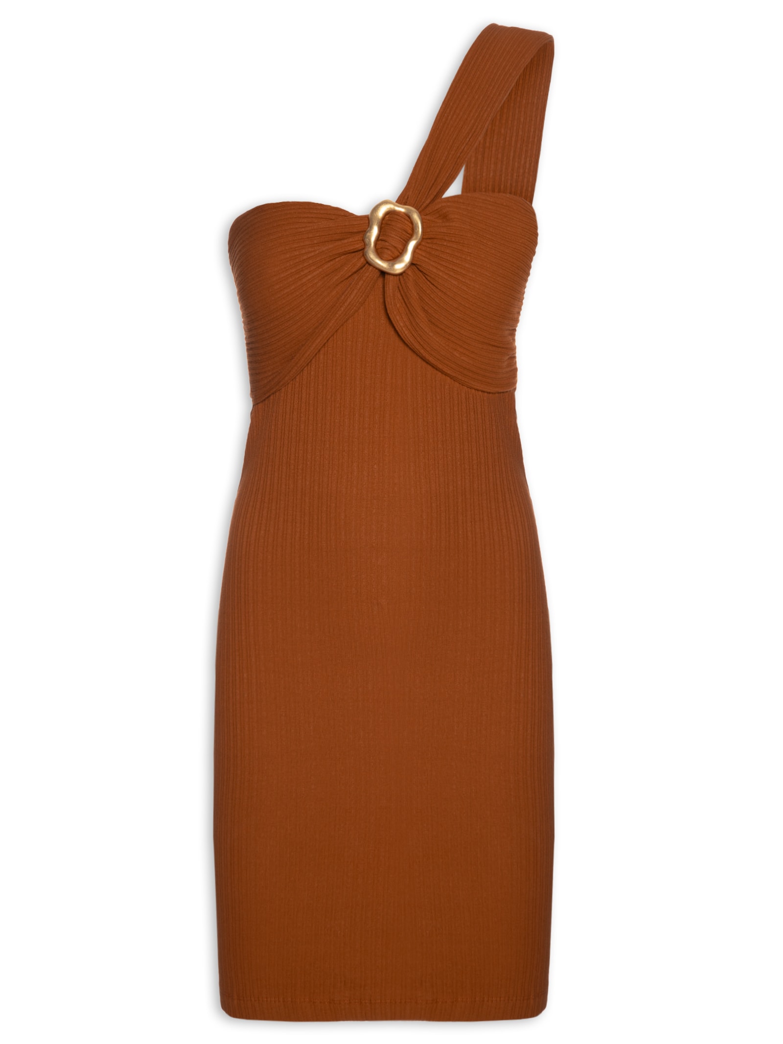 Vestido Canelado Curto Ombro Único Marrom Lança Perfume
