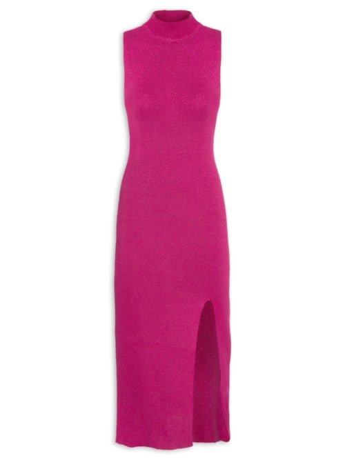 Vestido Canelado Fenda Tricot - Rosa