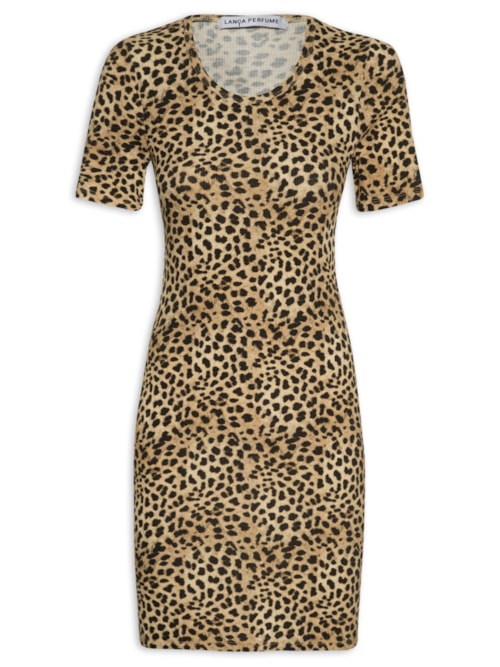 Vestido Canelado Manga Curta Estampado - Animal Print