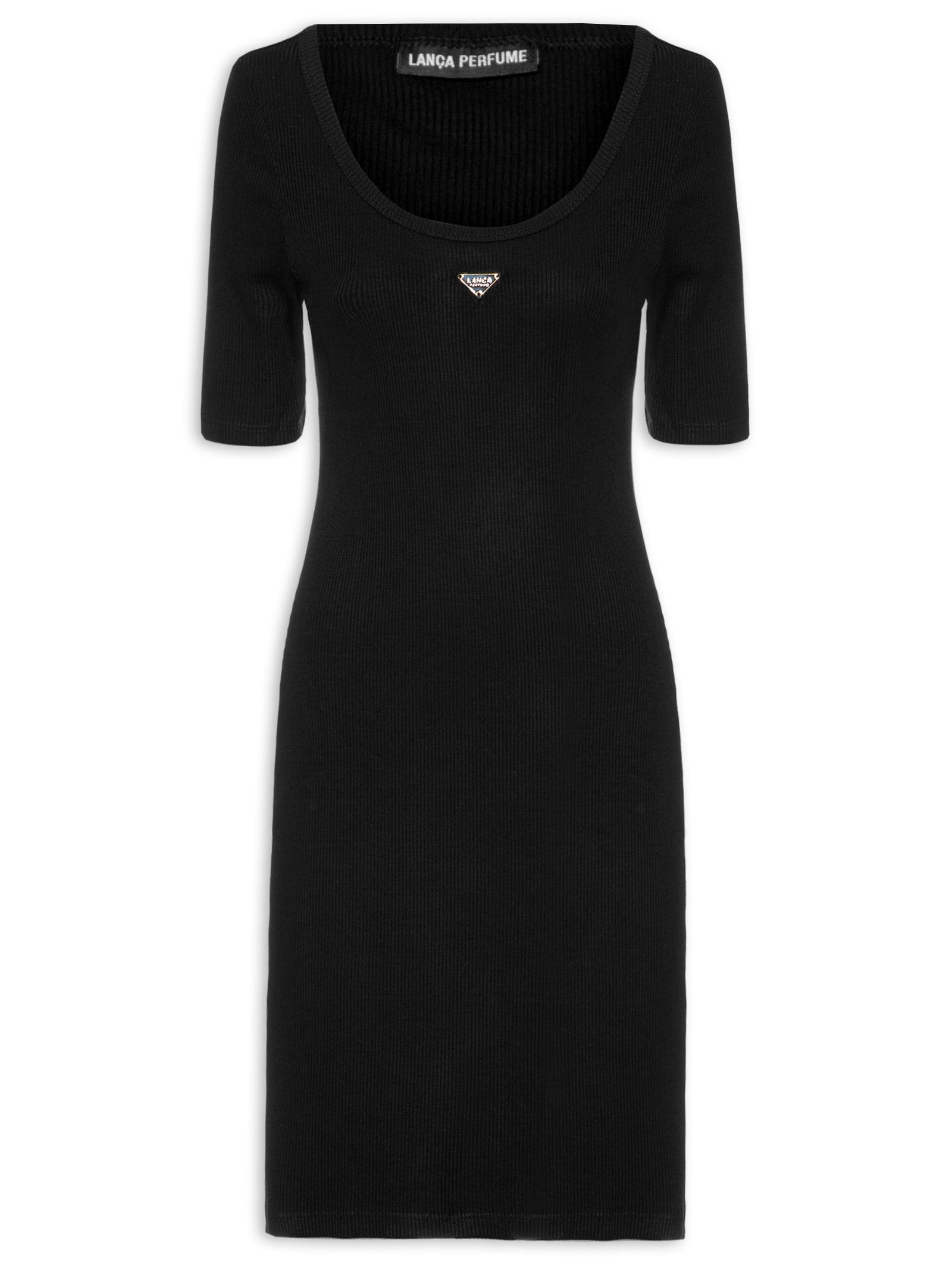 Vestido Canelado Manga Curta Preto Lança Perfume