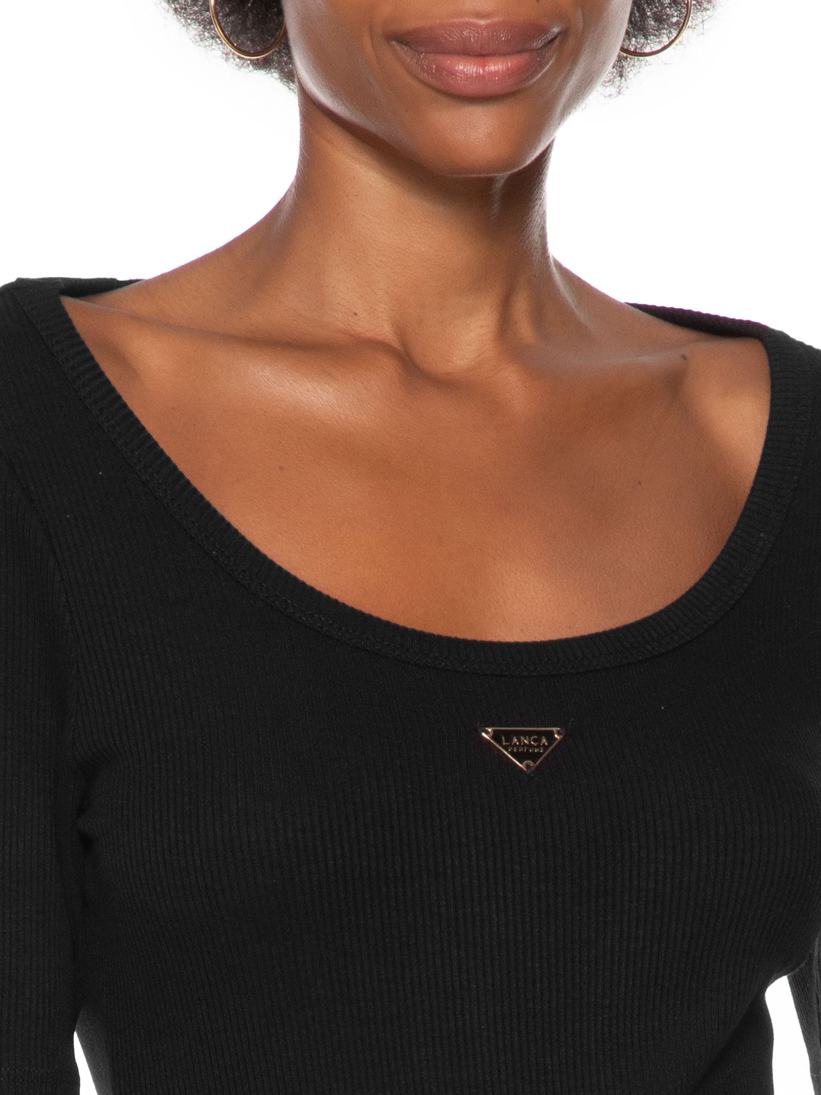 Vestido Canelado Manga Curta Preto Lança Perfume