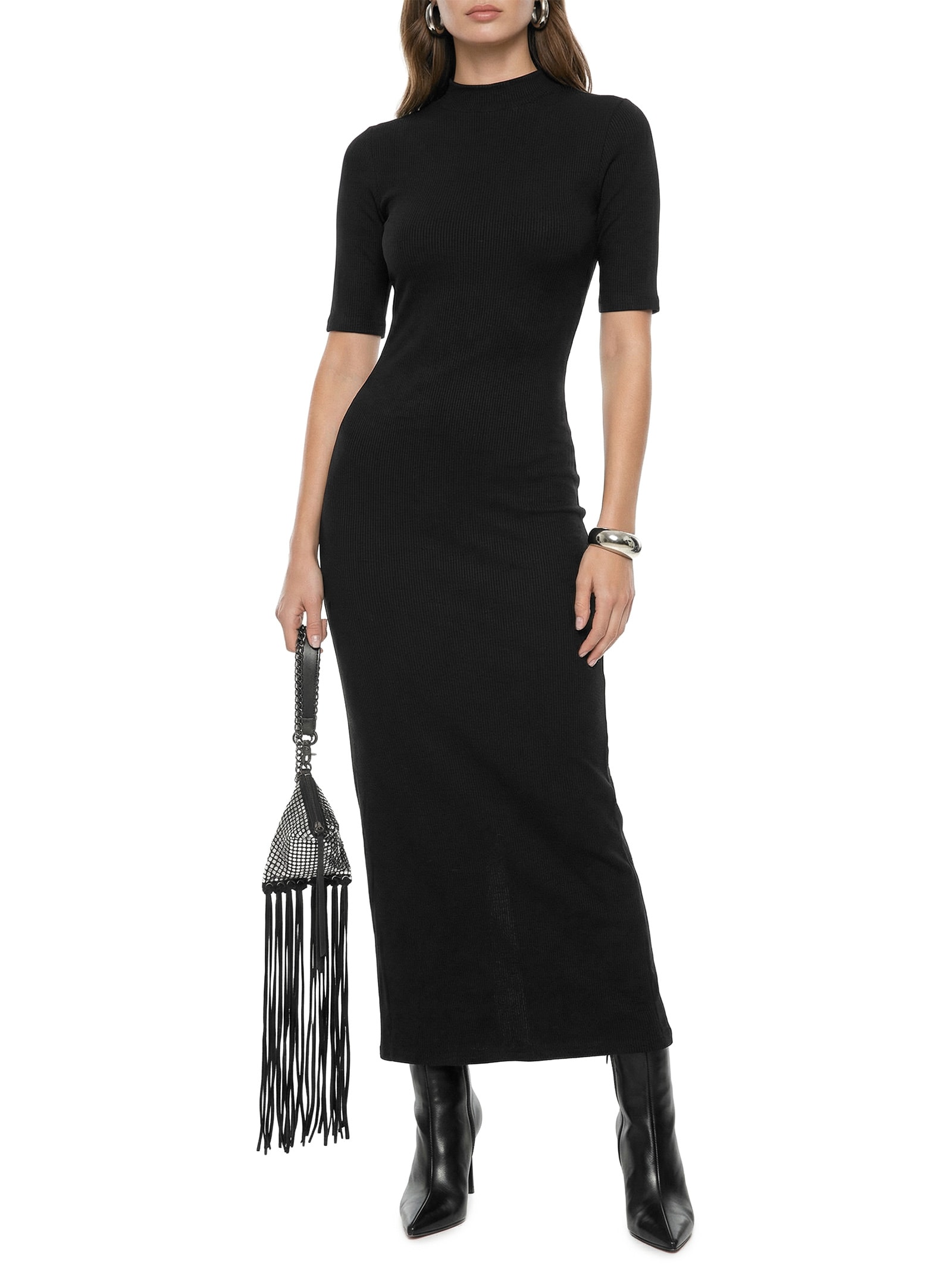 Vestido Canelado Super Midi Manga Curta Preto Lança Perfume