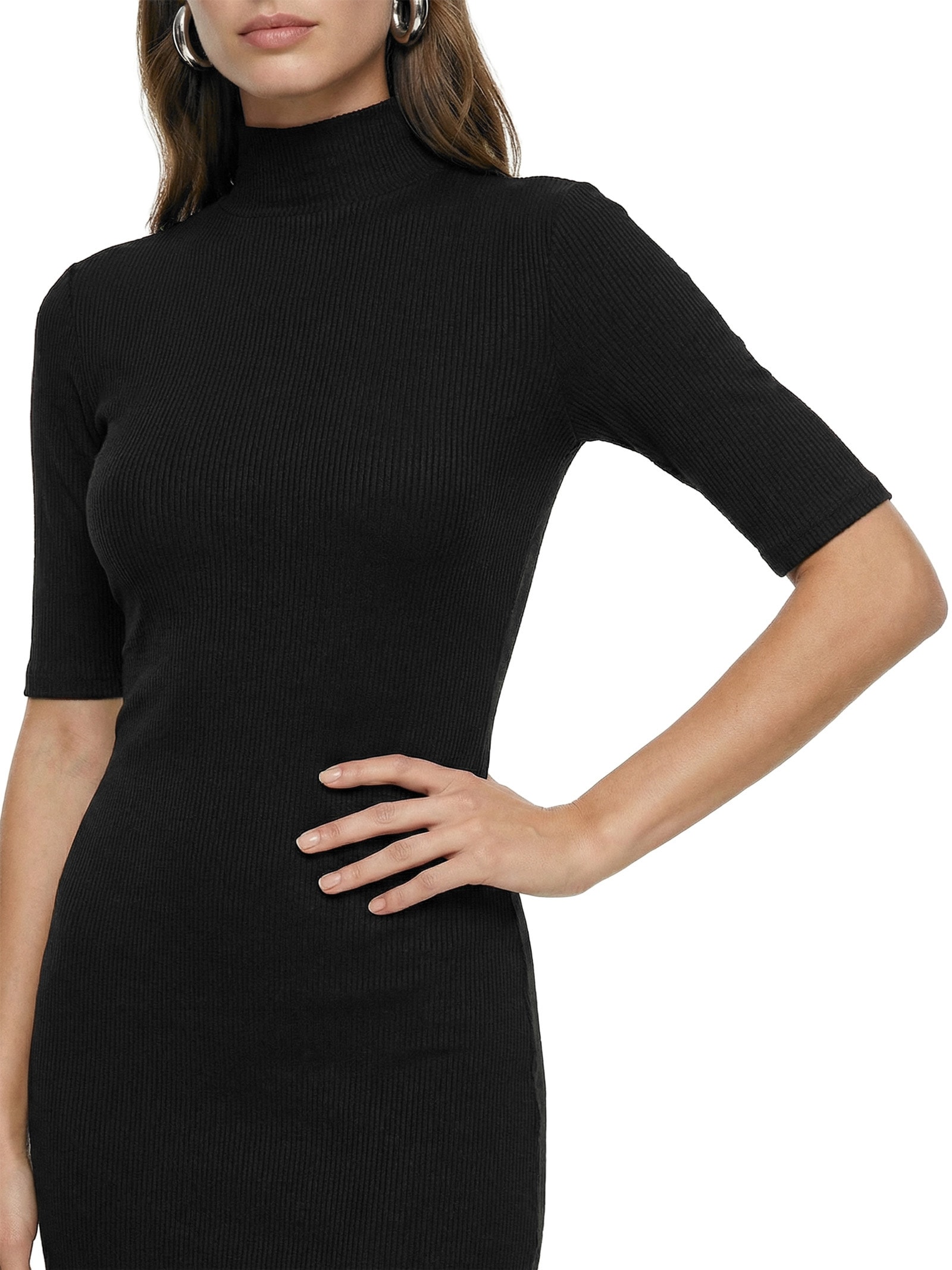 Vestido Canelado Super Midi Manga Curta Preto Lança Perfume