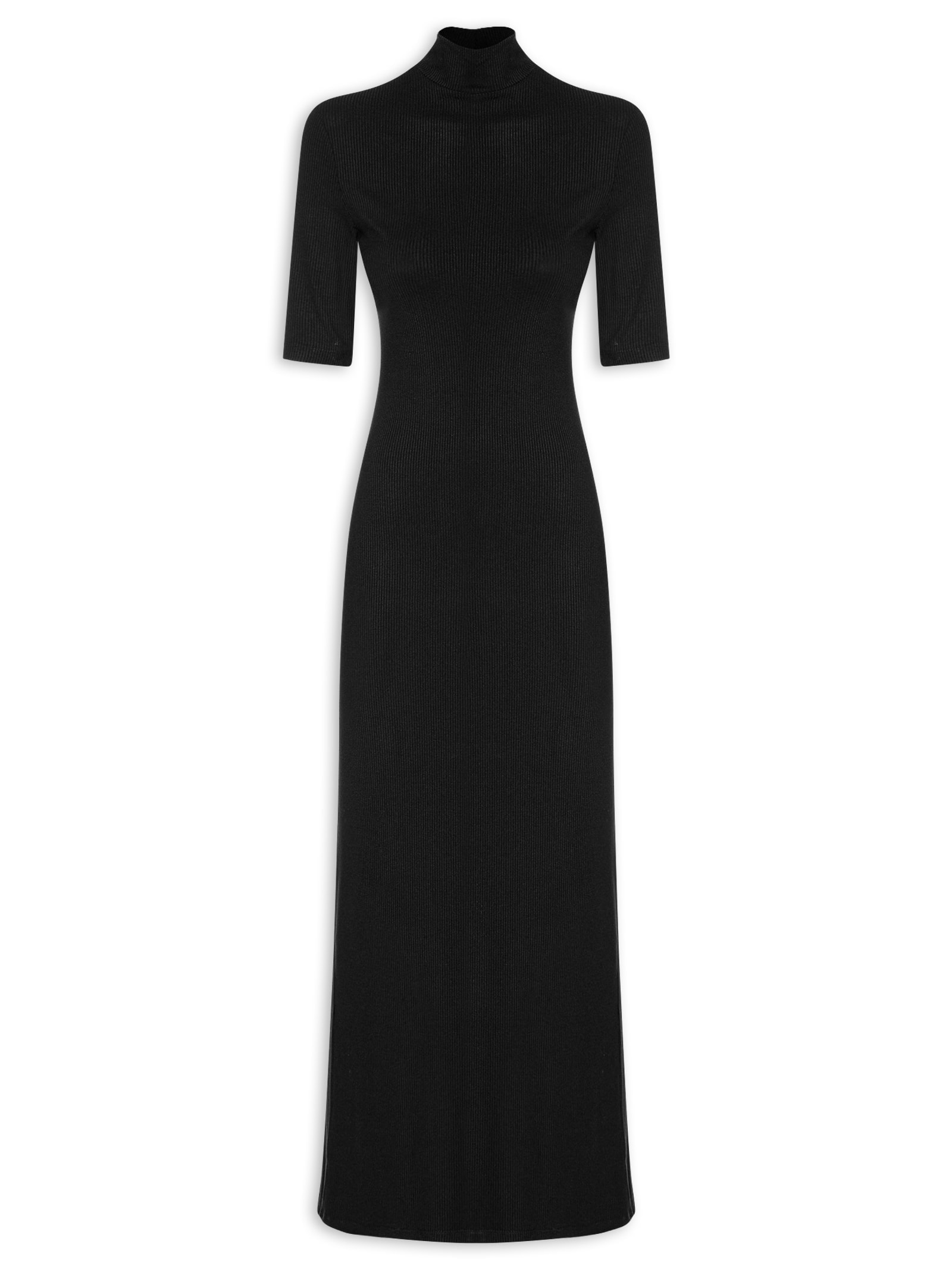 Vestido Canelado Super Midi Manga Curta Preto Lança Perfume