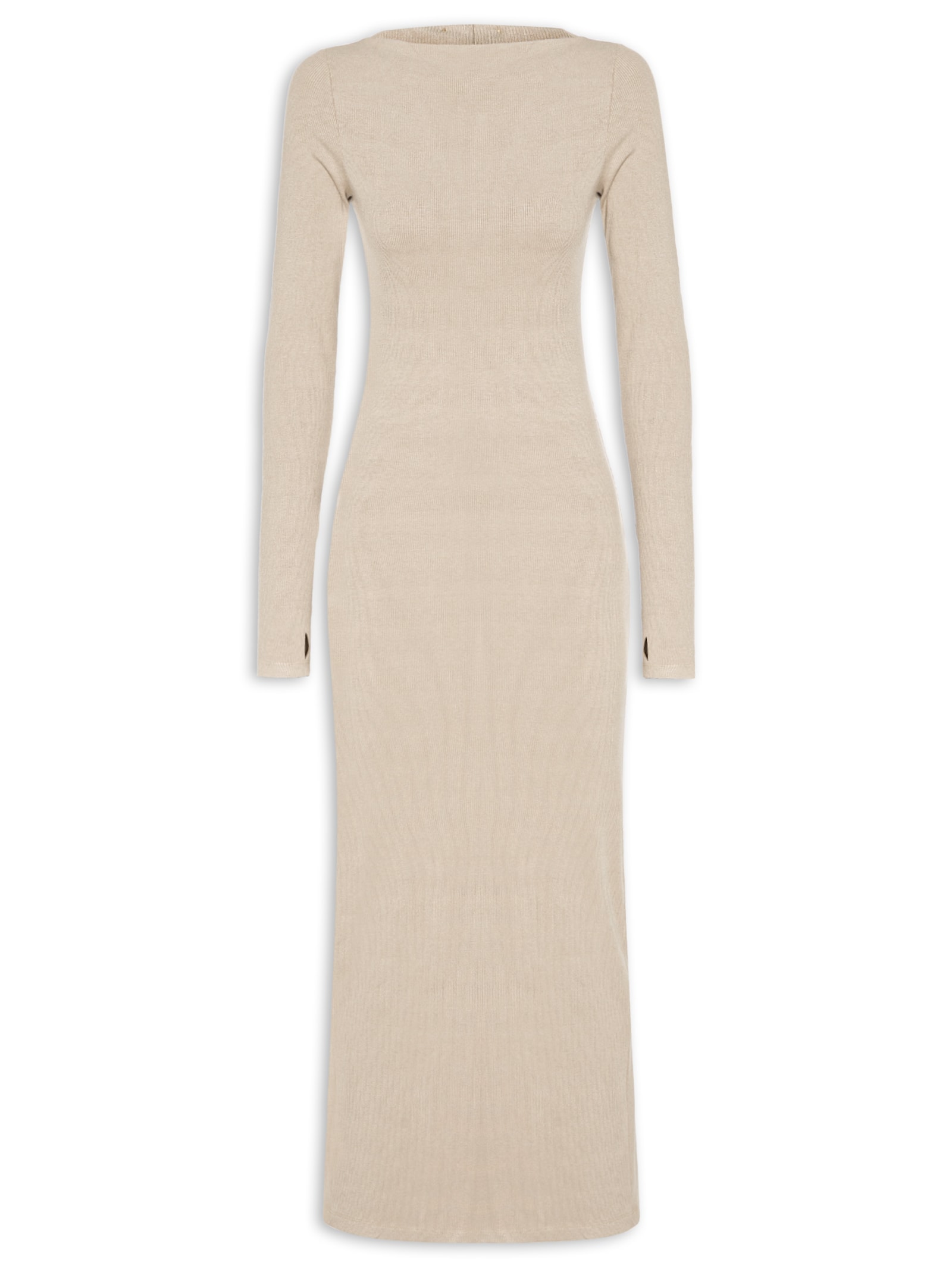 Vestido Canelado Super Midi Manga Longa Bege Lança Perfume