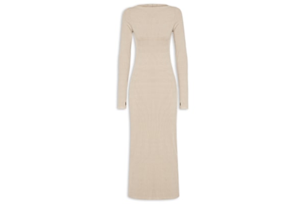 Vestido Canelado Super Midi Manga Longa - Bege