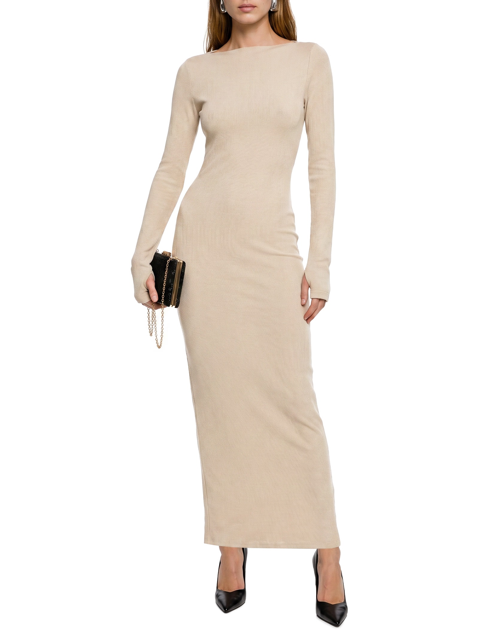 Vestido Canelado Super Midi Manga Longa Bege Lança Perfume