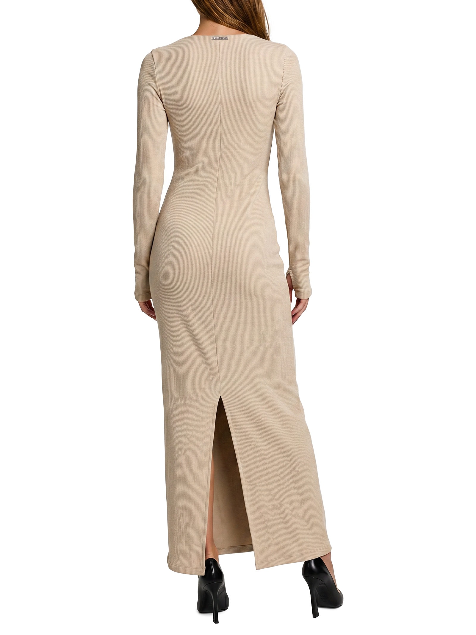 Vestido Canelado Super Midi Manga Longa Bege Lança Perfume