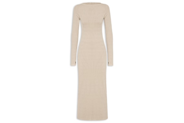 Vestido Canelado Super Midi Manga Longa - Bege