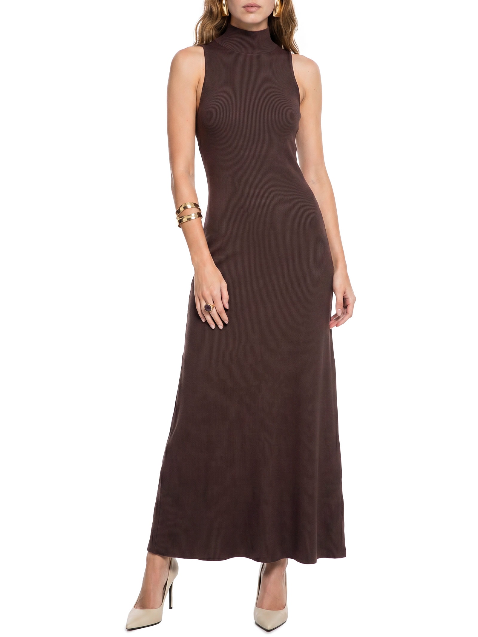 Vestido Canelado Super Midi Marrom Lança Perfume