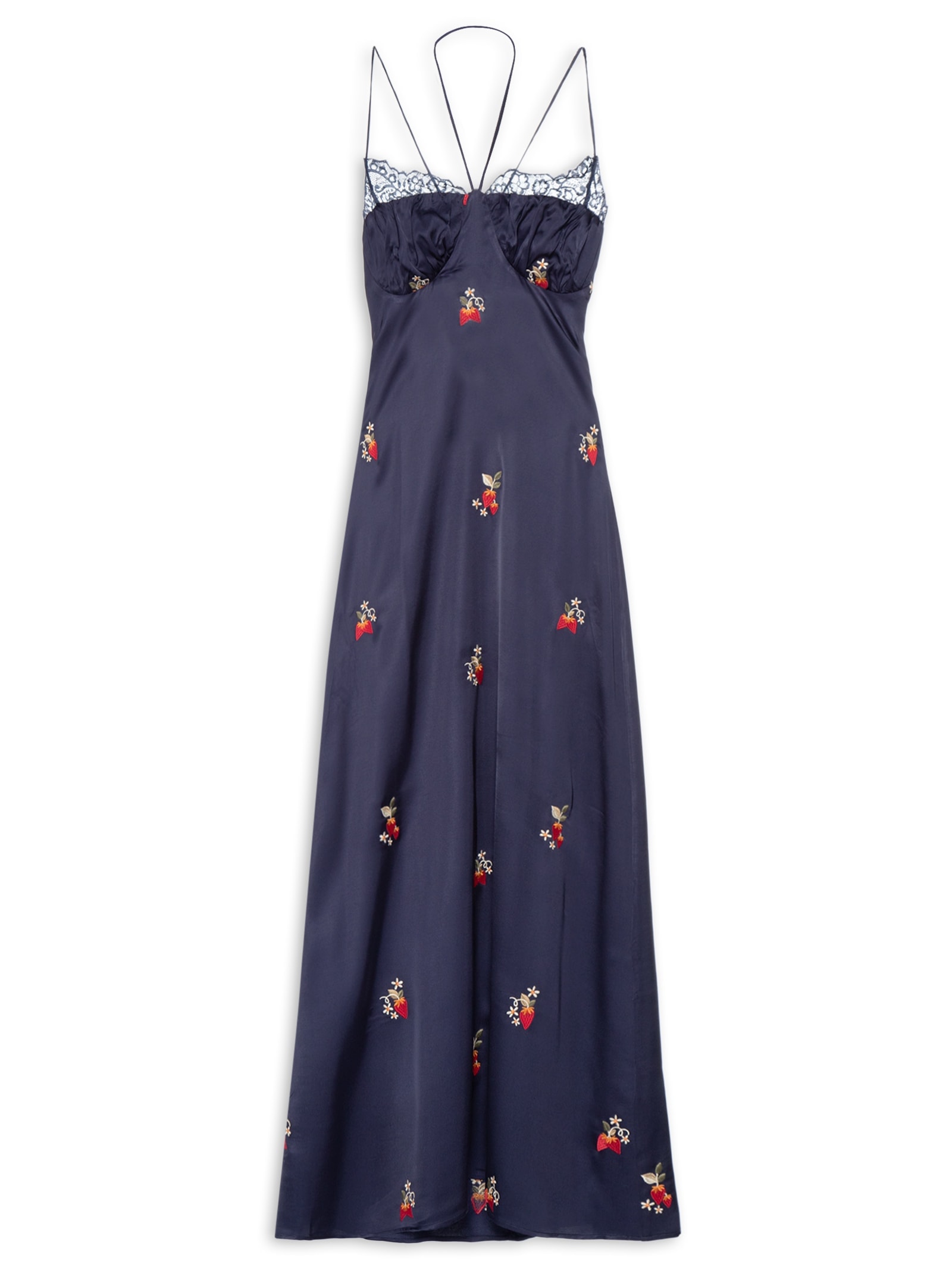 Vestido Cetim Bordado Morango Azul Farm
