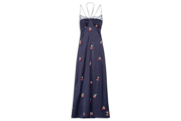 Vestido Cetim Bordado Morango - Azul